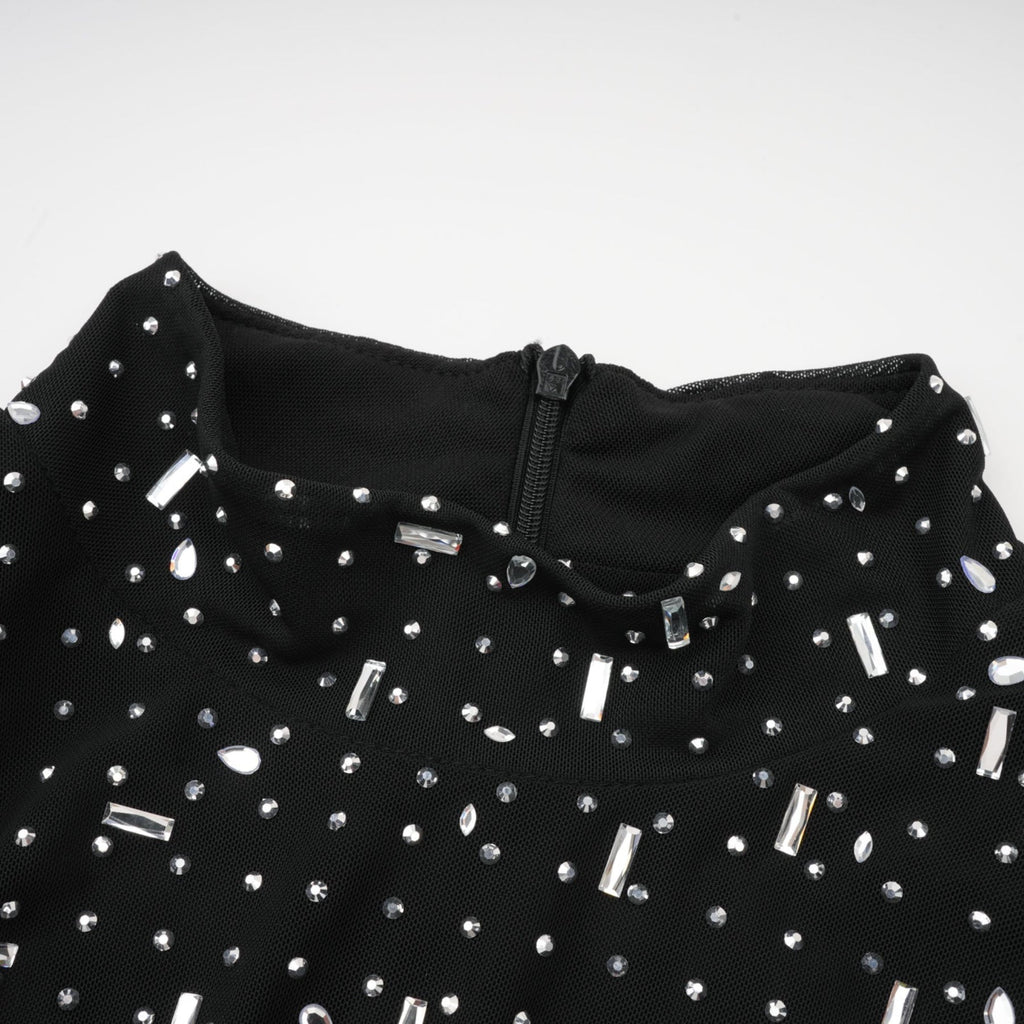 Teresa Maxi Dress in Classic Black with Crystal Embellishments & Flared Cuffs