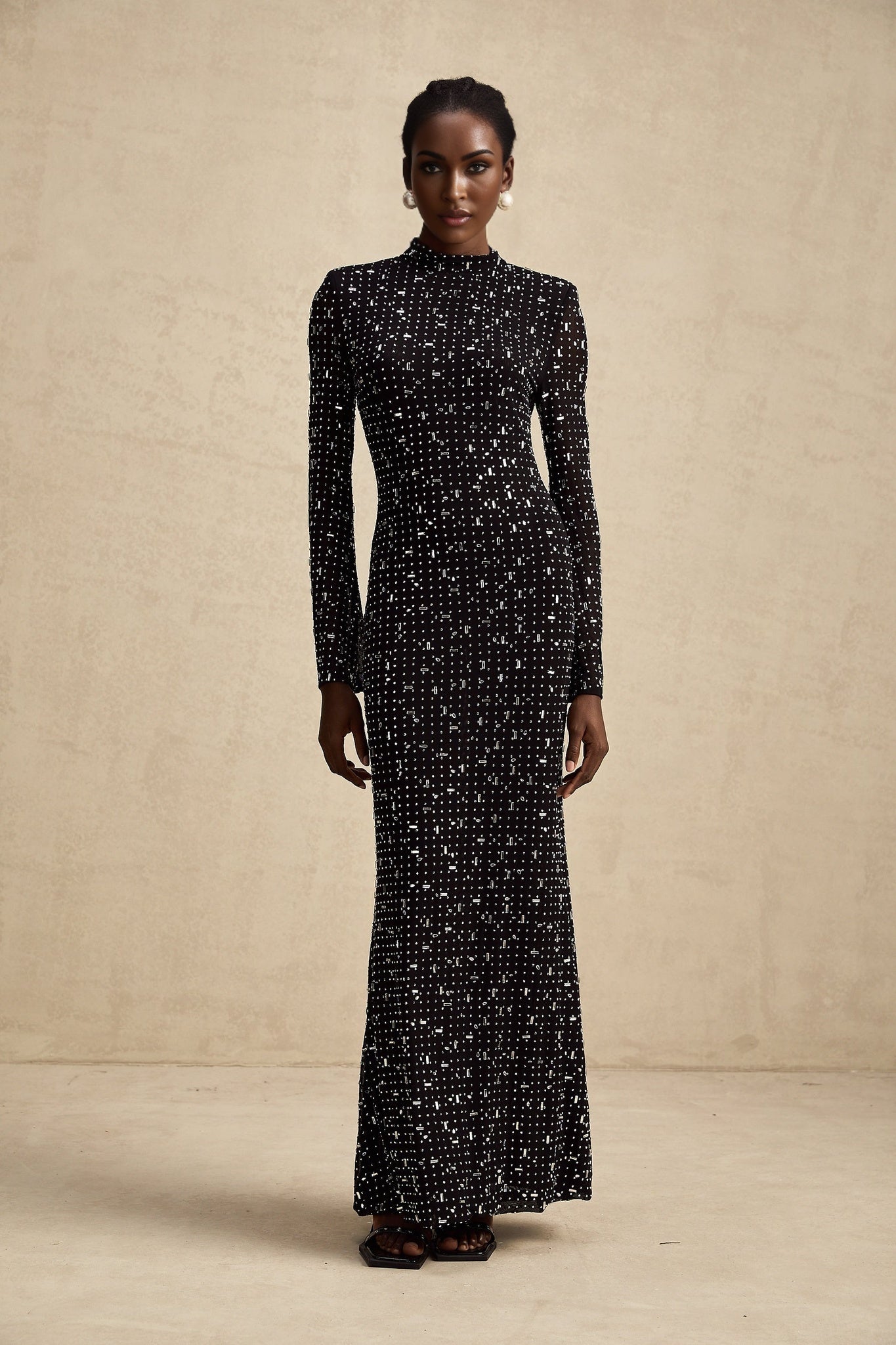 Teresa Maxi Dress in Classic Black with Crystal Embellishments & Flared Cuffs