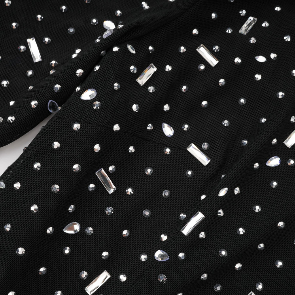 Teresa Maxi Dress in Classic Black with Crystal Embellishments & Flared Cuffs