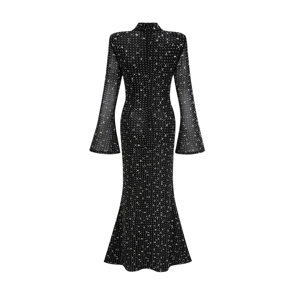 Teresa Maxi Dress in Classic Black with Crystal Embellishments & Flared Cuffs