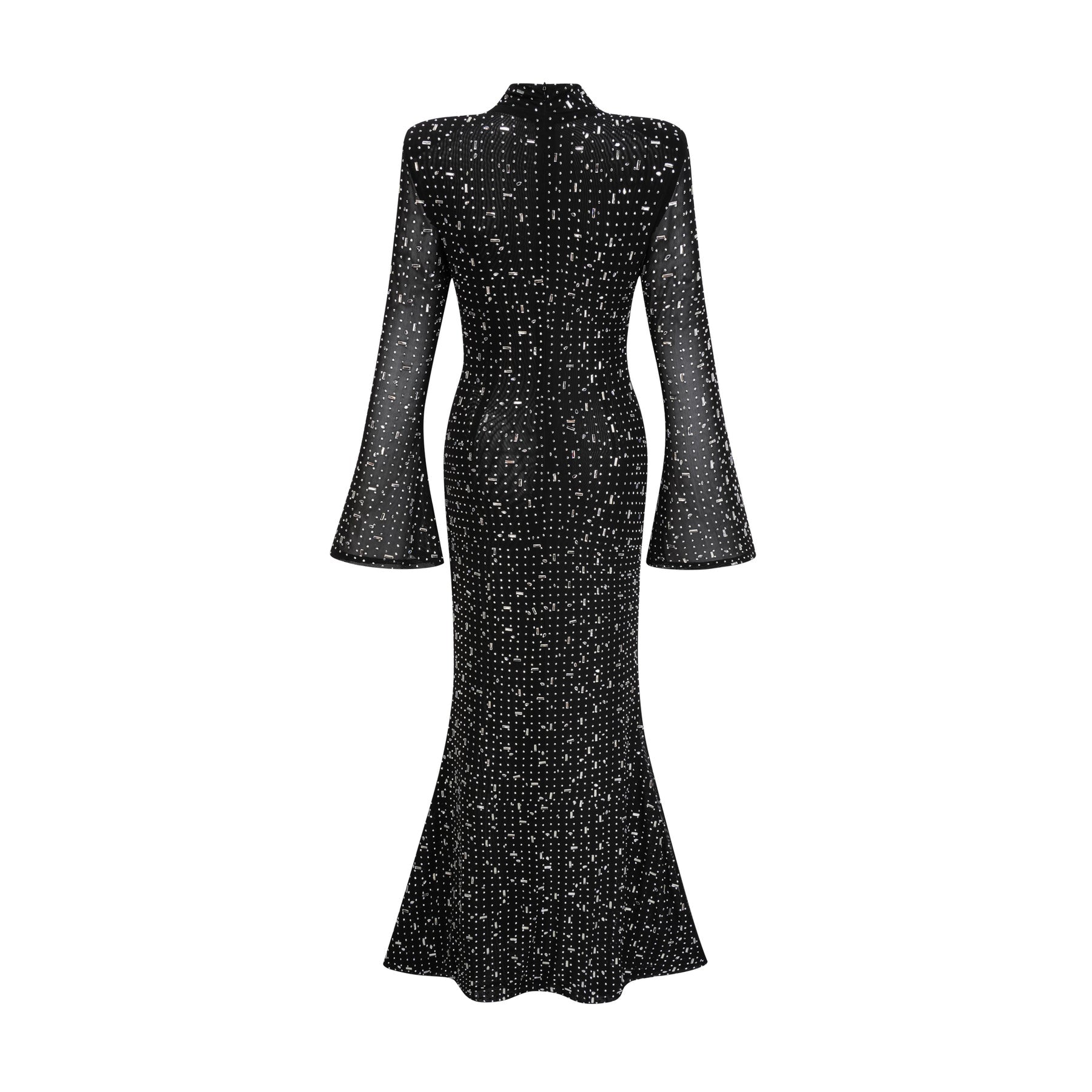 Teresa Maxi Dress in Classic Black with Crystal Embellishments & Flared Cuffs