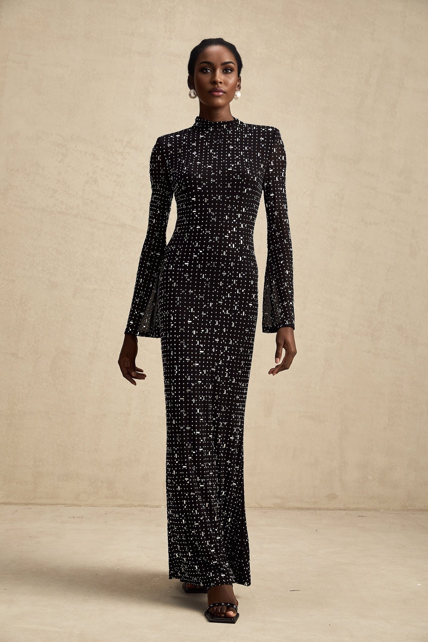Teresa Maxi Dress in Classic Black with Crystal Embellishments & Flared Cuffs
