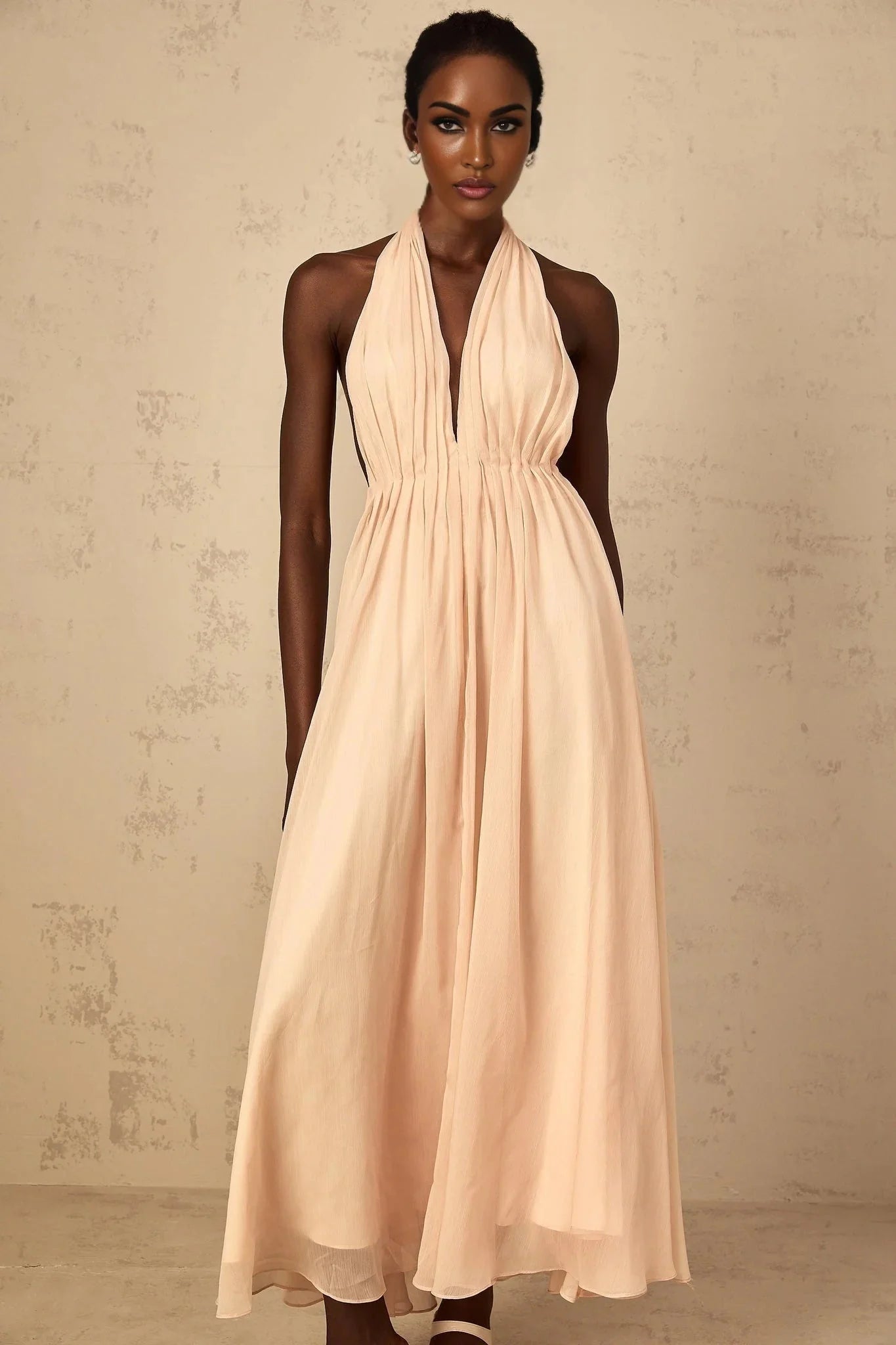 Teresa Maxi Dress Peach Pink Halter - neck Shirred Tulle Open Back
