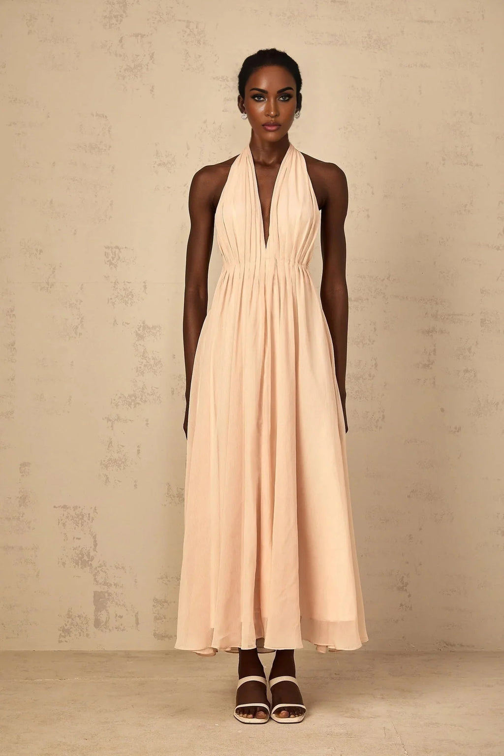 Teresa Maxi Dress Peach Pink Halter - neck Shirred Tulle Open Back