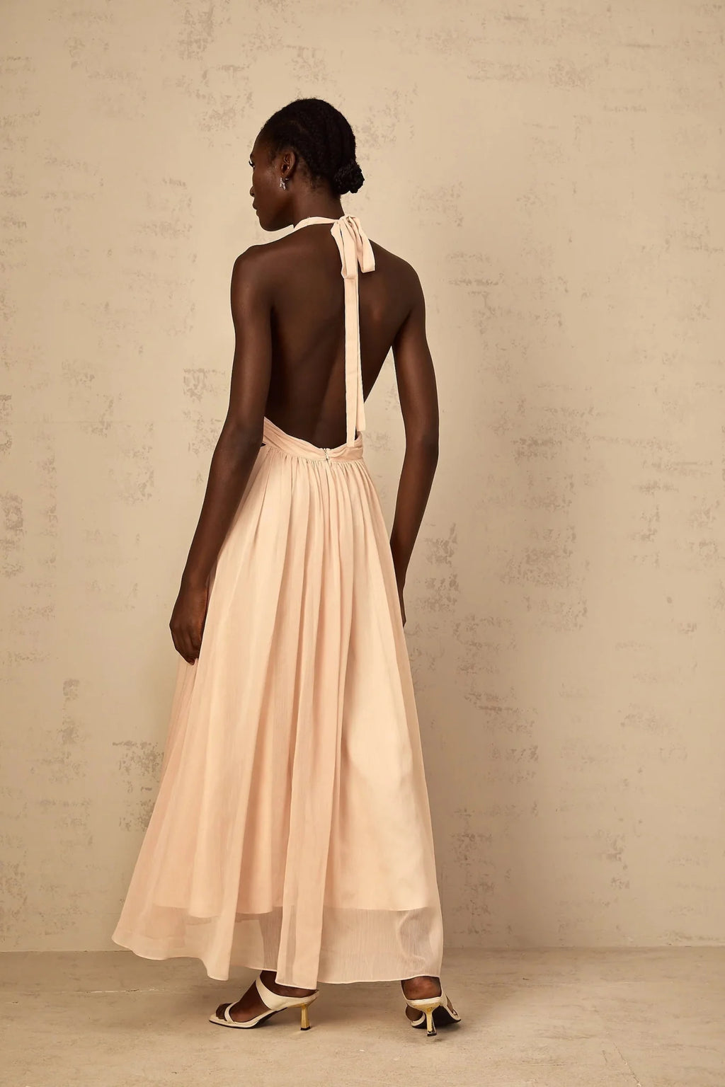 Teresa Maxi Dress Peach Pink Halter - neck Shirred Tulle Open Back