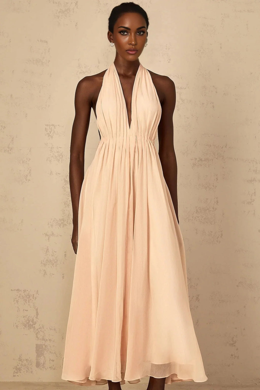Teresa Maxi Dress Peach Pink Halter - neck Shirred Tulle Open Back