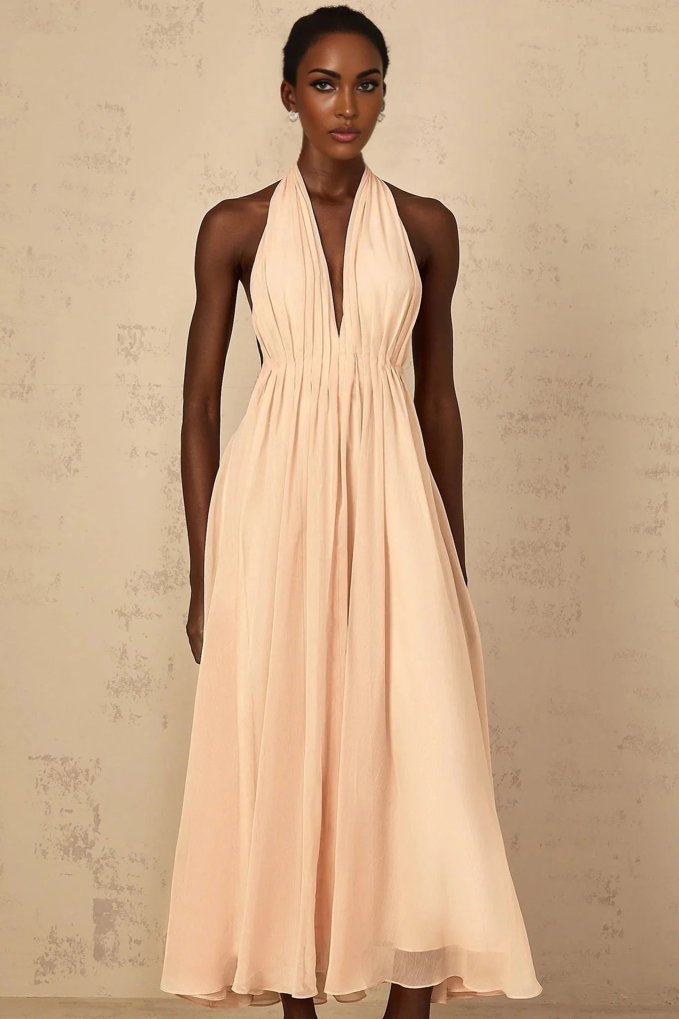 Teresa Maxi Dress Peach Pink Halter - neck Shirred Tulle Open Back