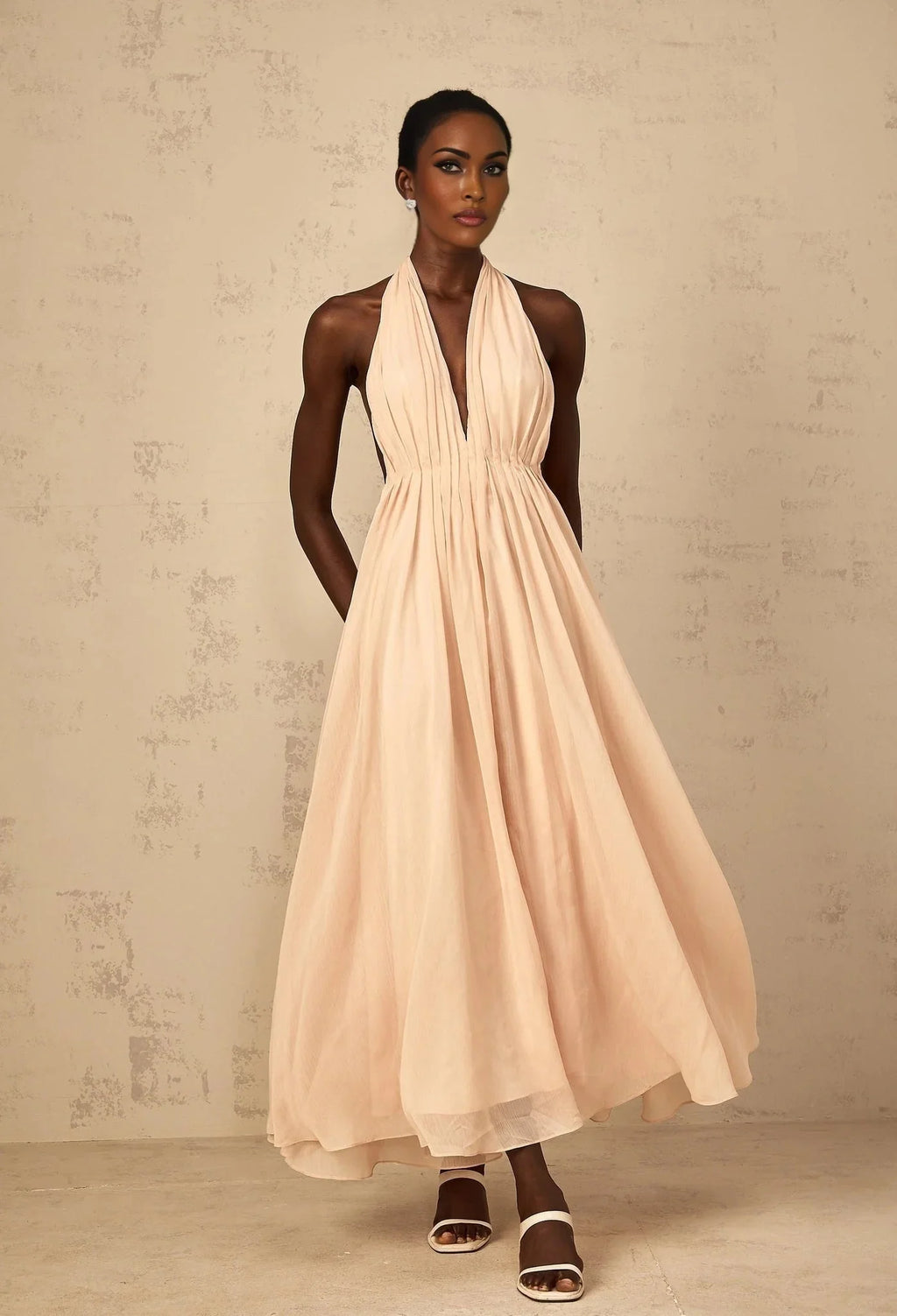 Teresa Maxi Dress Peach Pink Halter - neck Shirred Tulle Open Back