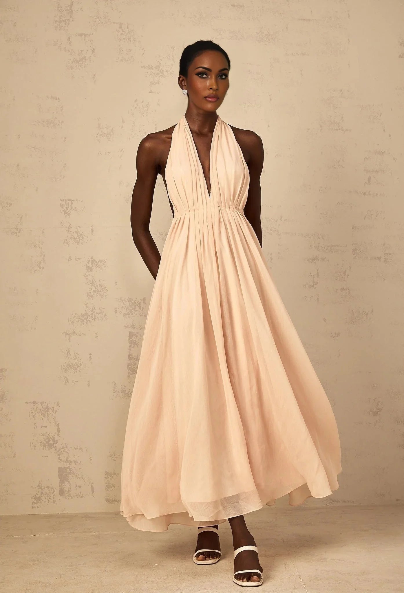 Teresa Maxi Dress Peach Pink Halter - neck Shirred Tulle Open Back
