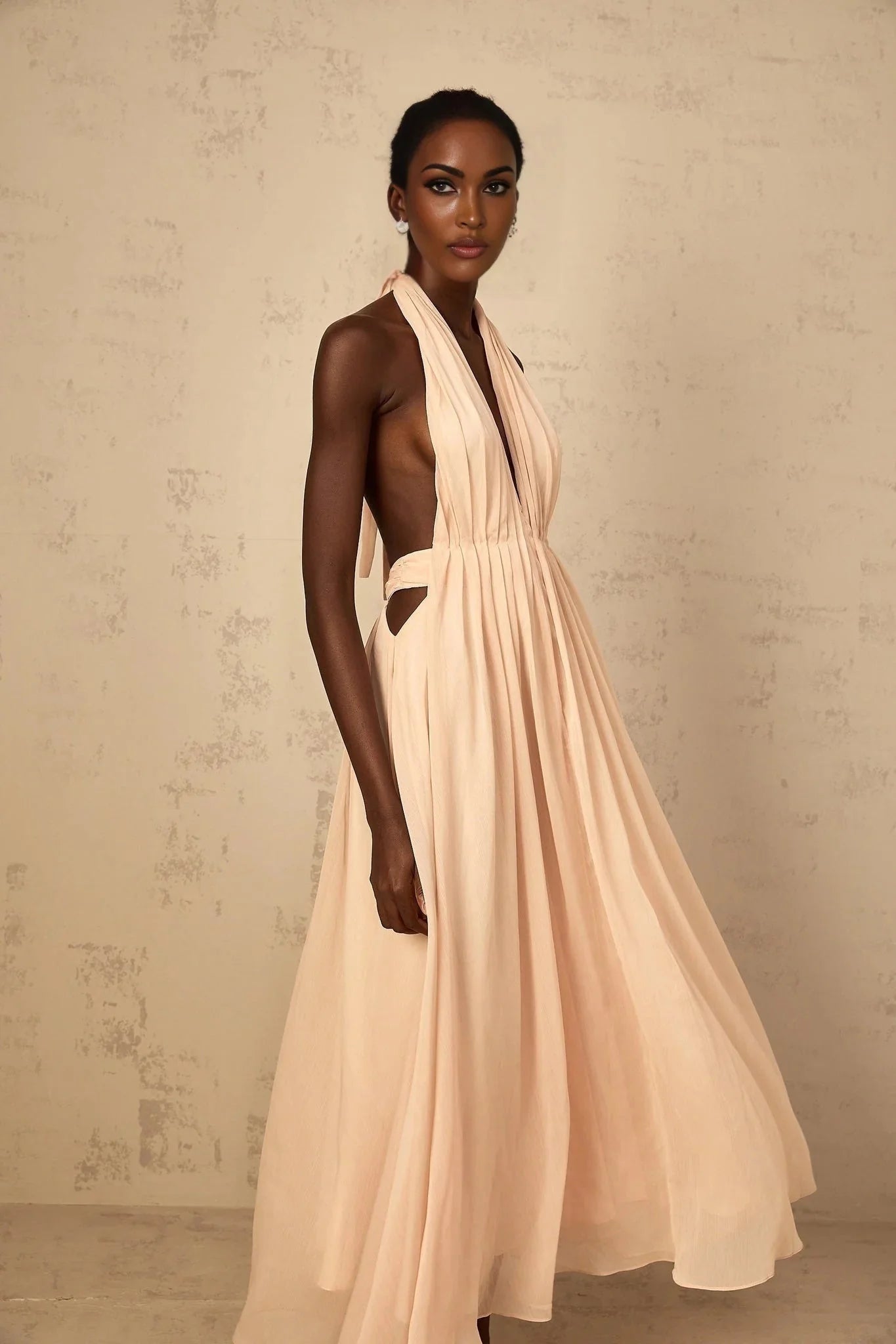 Teresa Maxi Dress Peach Pink Halter - neck Shirred Tulle Open Back