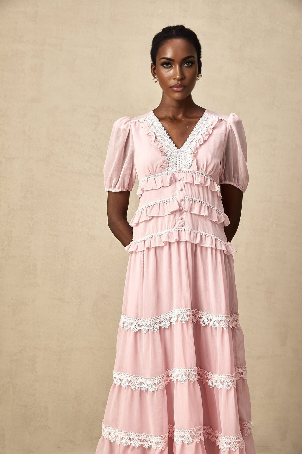 Teresa Midi Dress VNeck Puff Sleeves Ruffle Detail