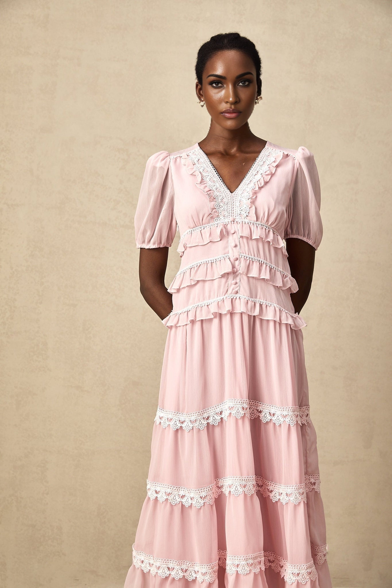 Teresa Midi Dress VNeck Puff Sleeves Ruffle Detail