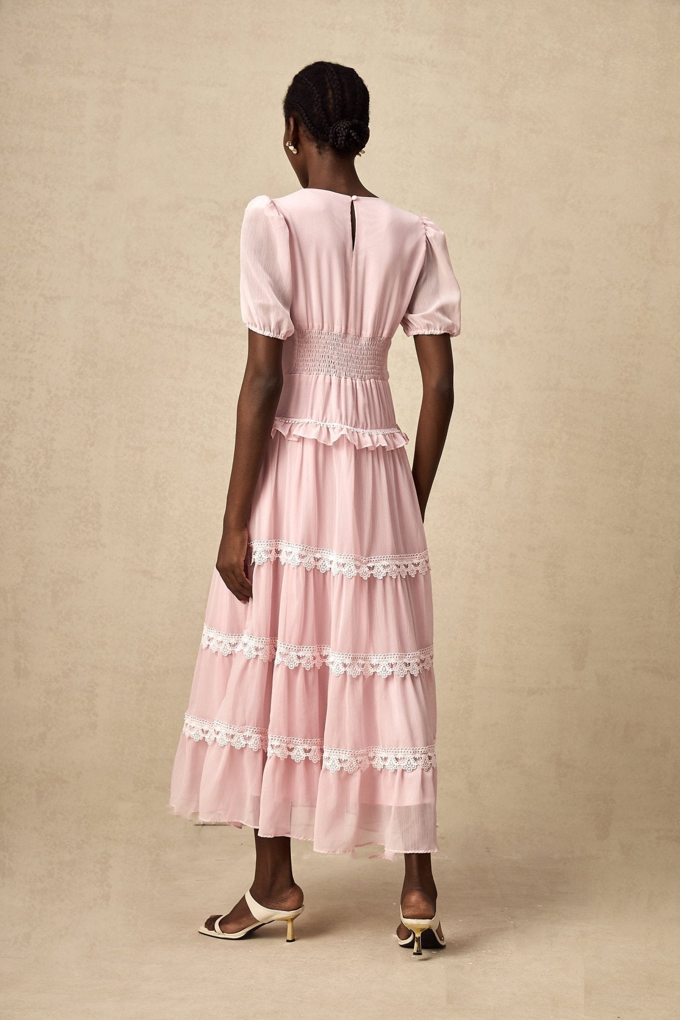 Teresa Midi Dress VNeck Puff Sleeves Ruffle Detail