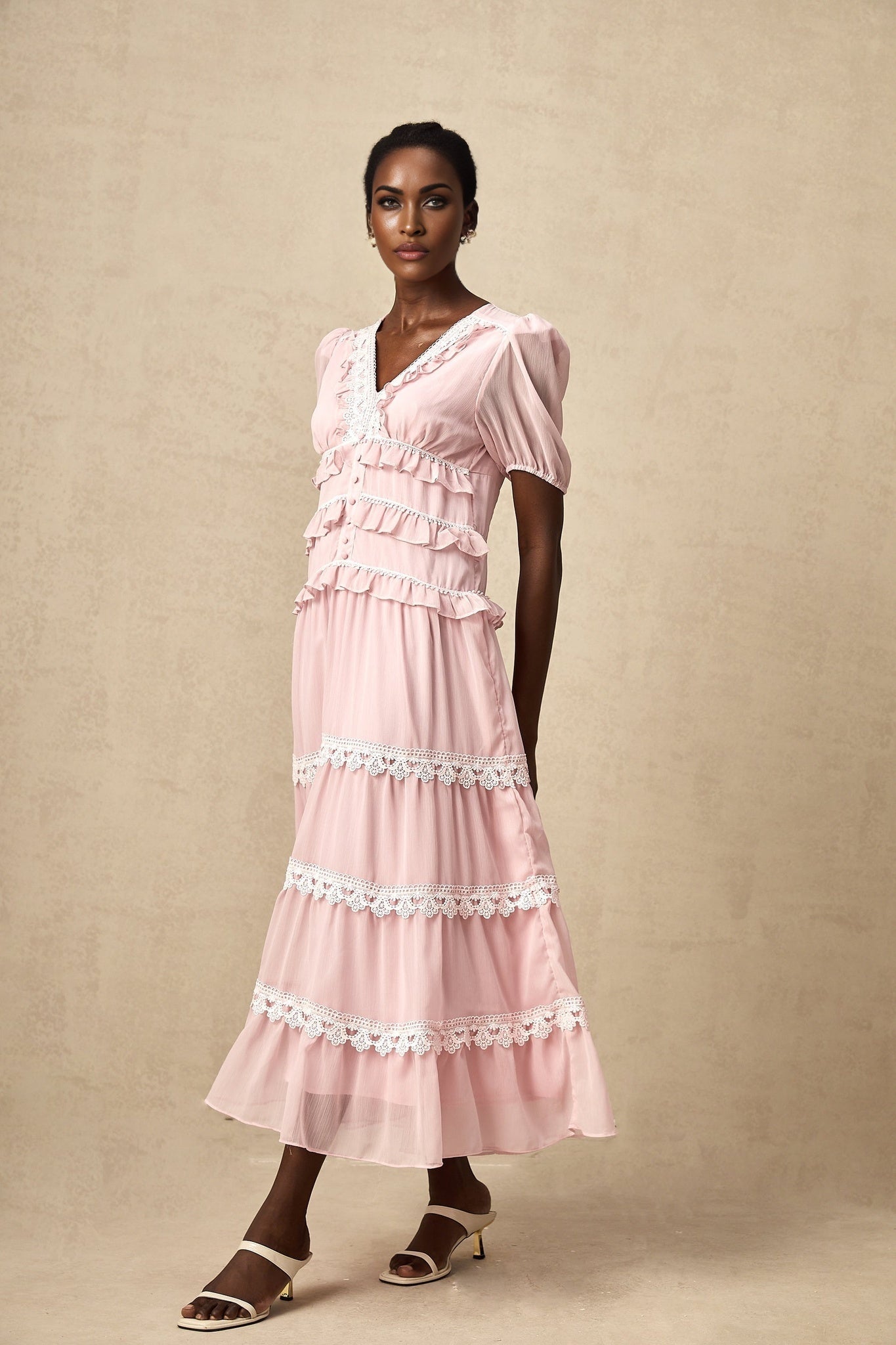 Teresa Midi Dress VNeck Puff Sleeves Ruffle Detail