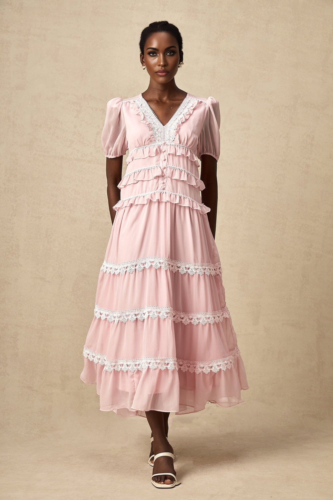 Teresa Midi Dress VNeck Puff Sleeves Ruffle Detail