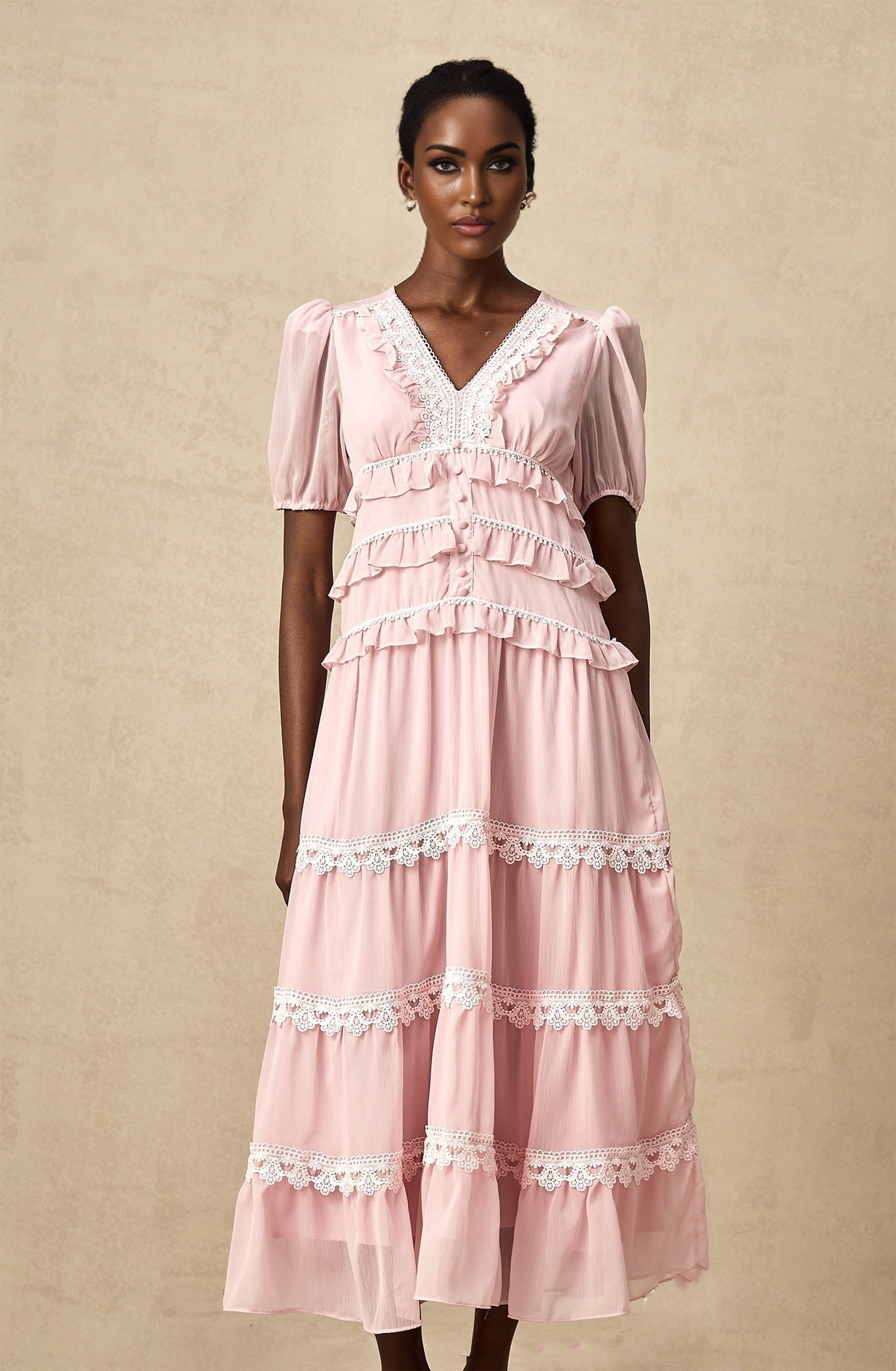Teresa Midi Dress VNeck Puff Sleeves Ruffle Detail