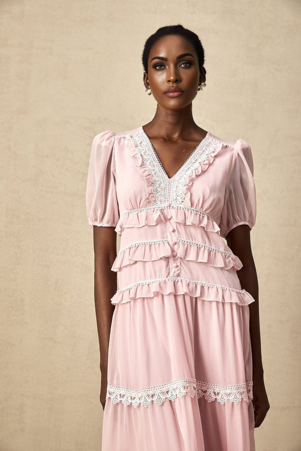 Teresa Midi Dress VNeck Puff Sleeves Ruffle Detail