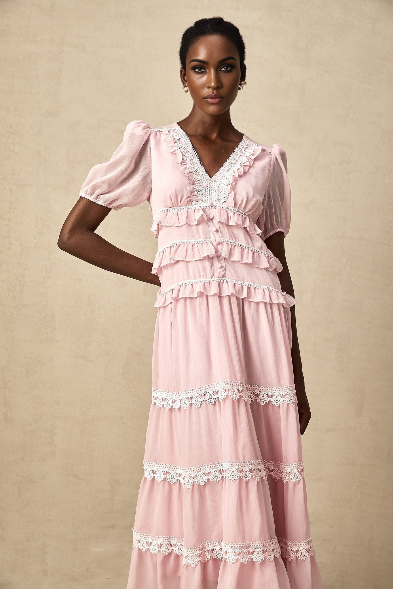 Teresa Midi Dress VNeck Puff Sleeves Ruffle Detail