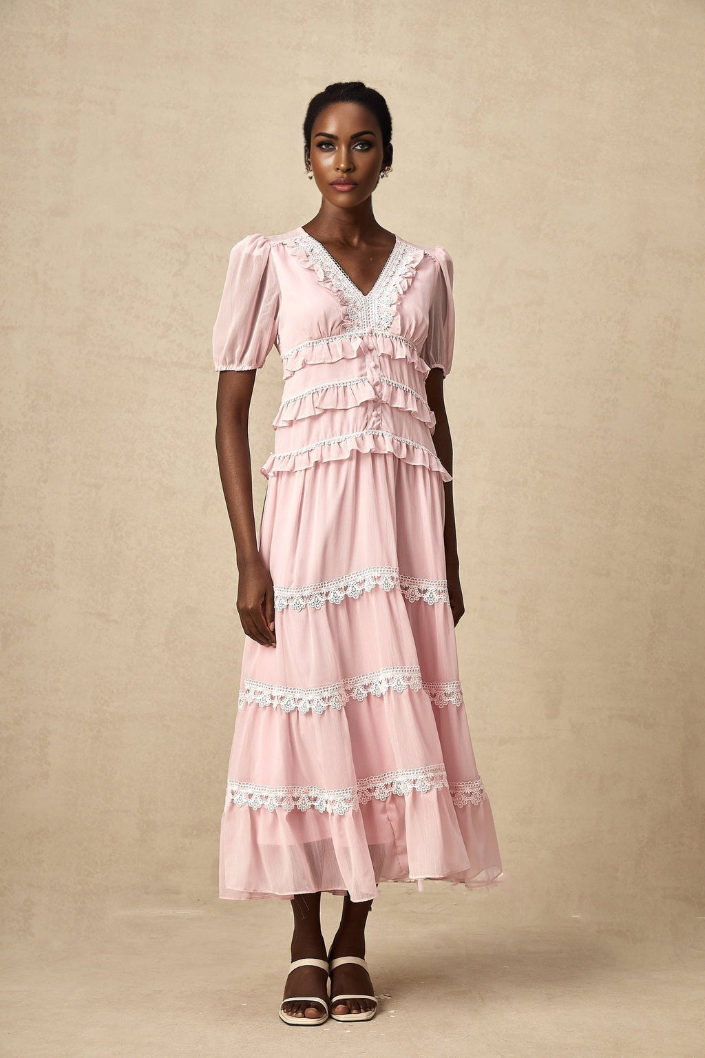 Teresa Midi Dress VNeck Puff Sleeves Ruffle Detail