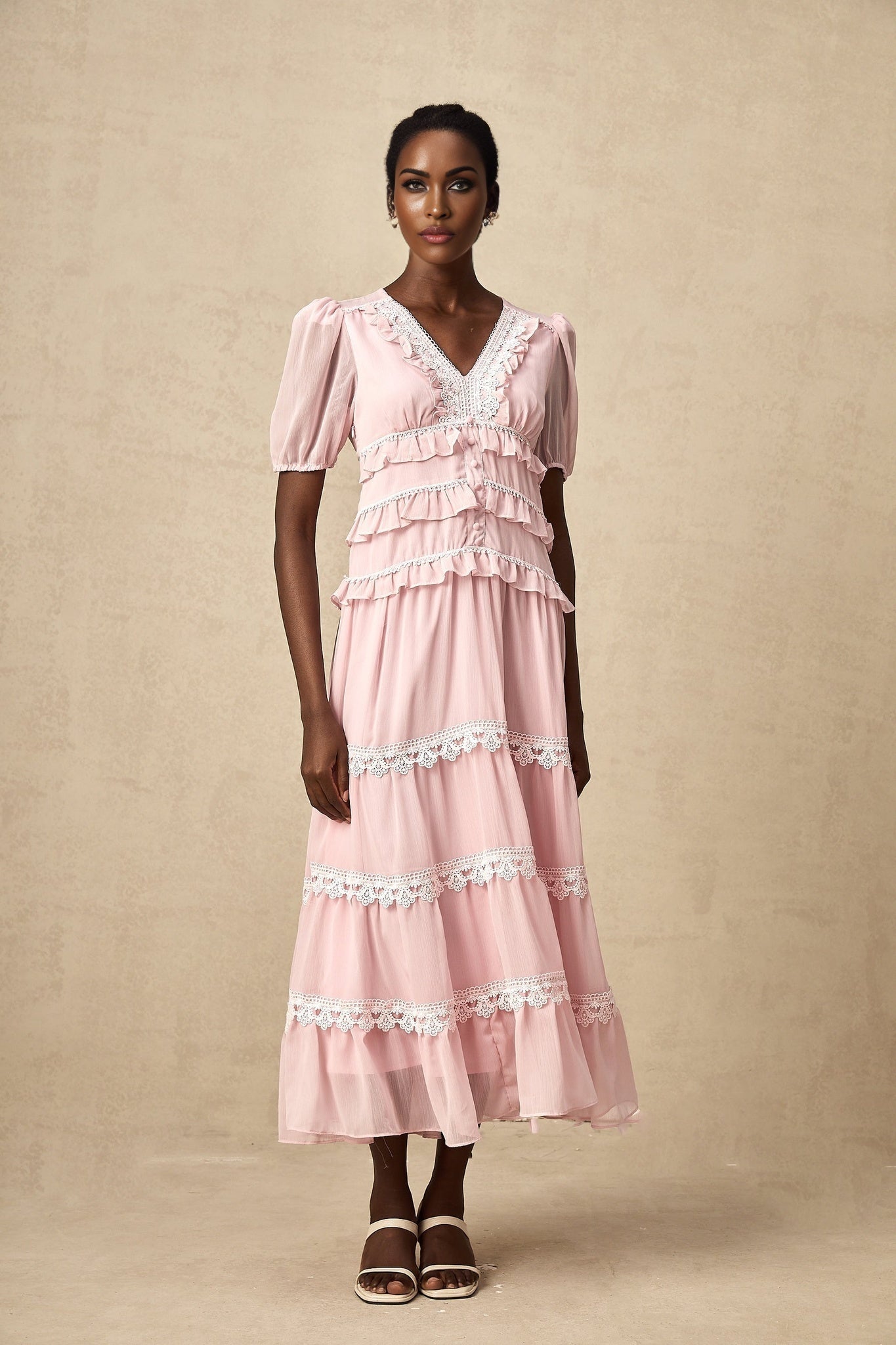 Teresa Midi Dress VNeck Puff Sleeves Ruffle Detail