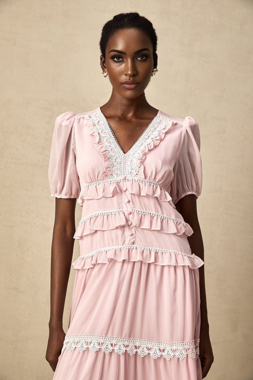 Teresa Midi Dress VNeck Puff Sleeves Ruffle Detail