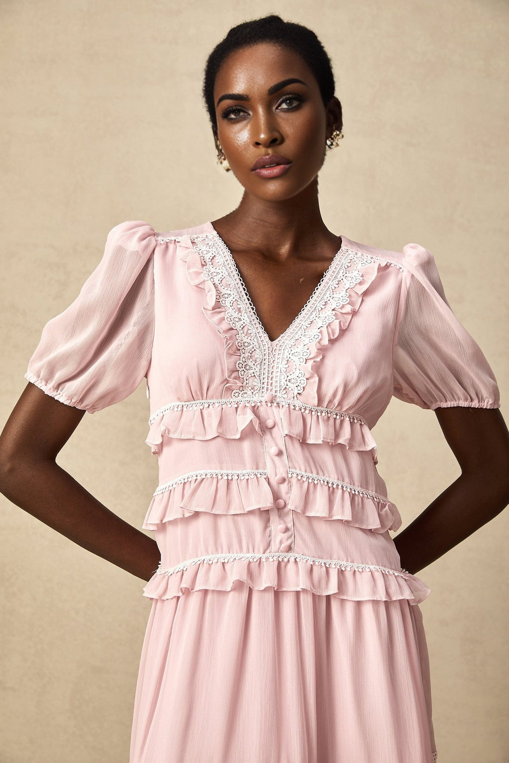 Teresa Midi Dress VNeck Puff Sleeves Ruffle Detail