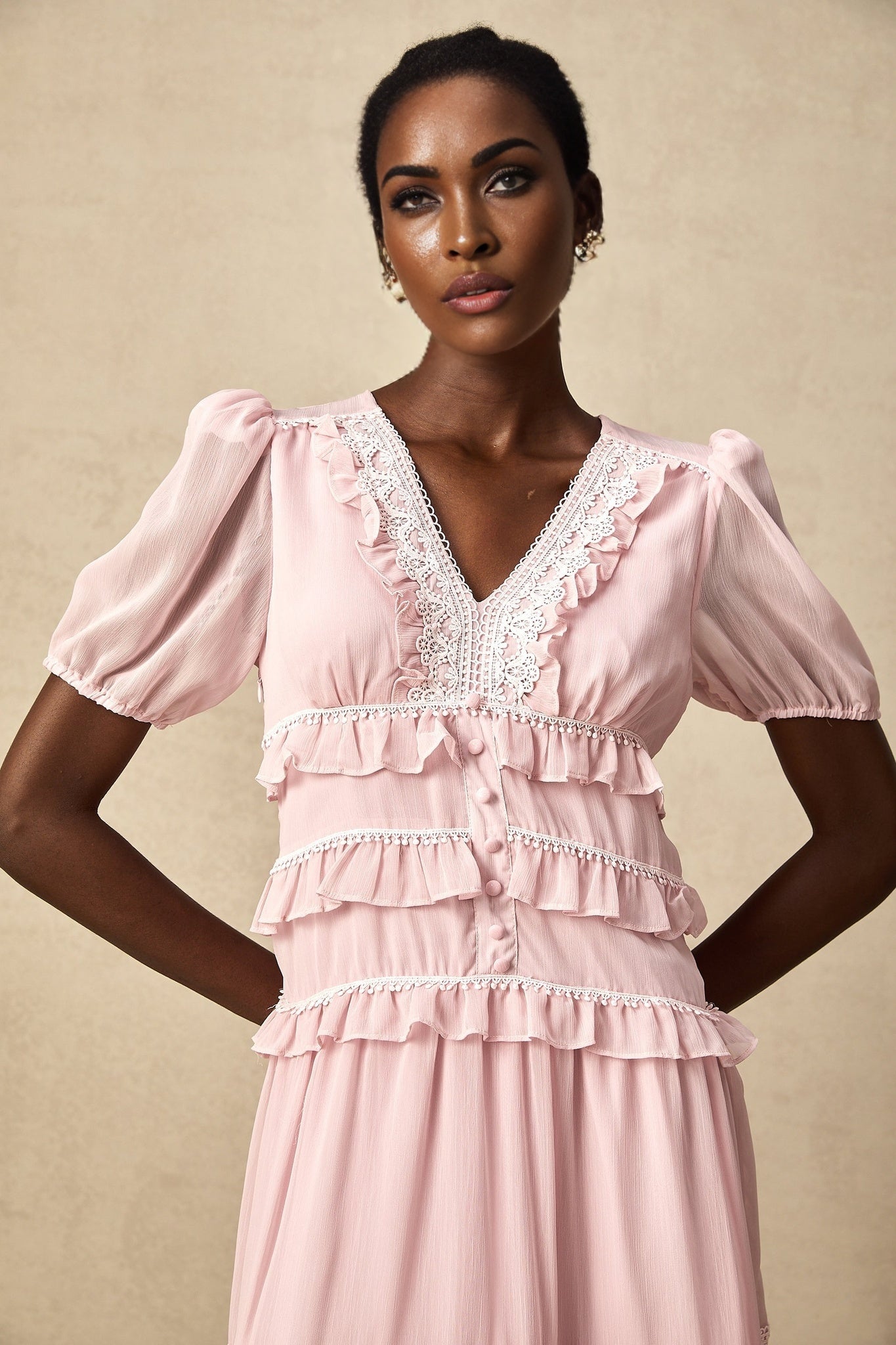 Teresa Midi Dress VNeck Puff Sleeves Ruffle Detail