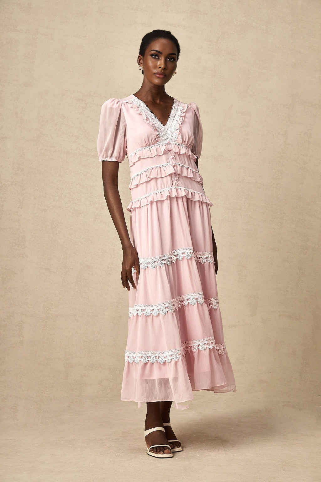 Teresa Midi Dress VNeck Puff Sleeves Ruffle Detail