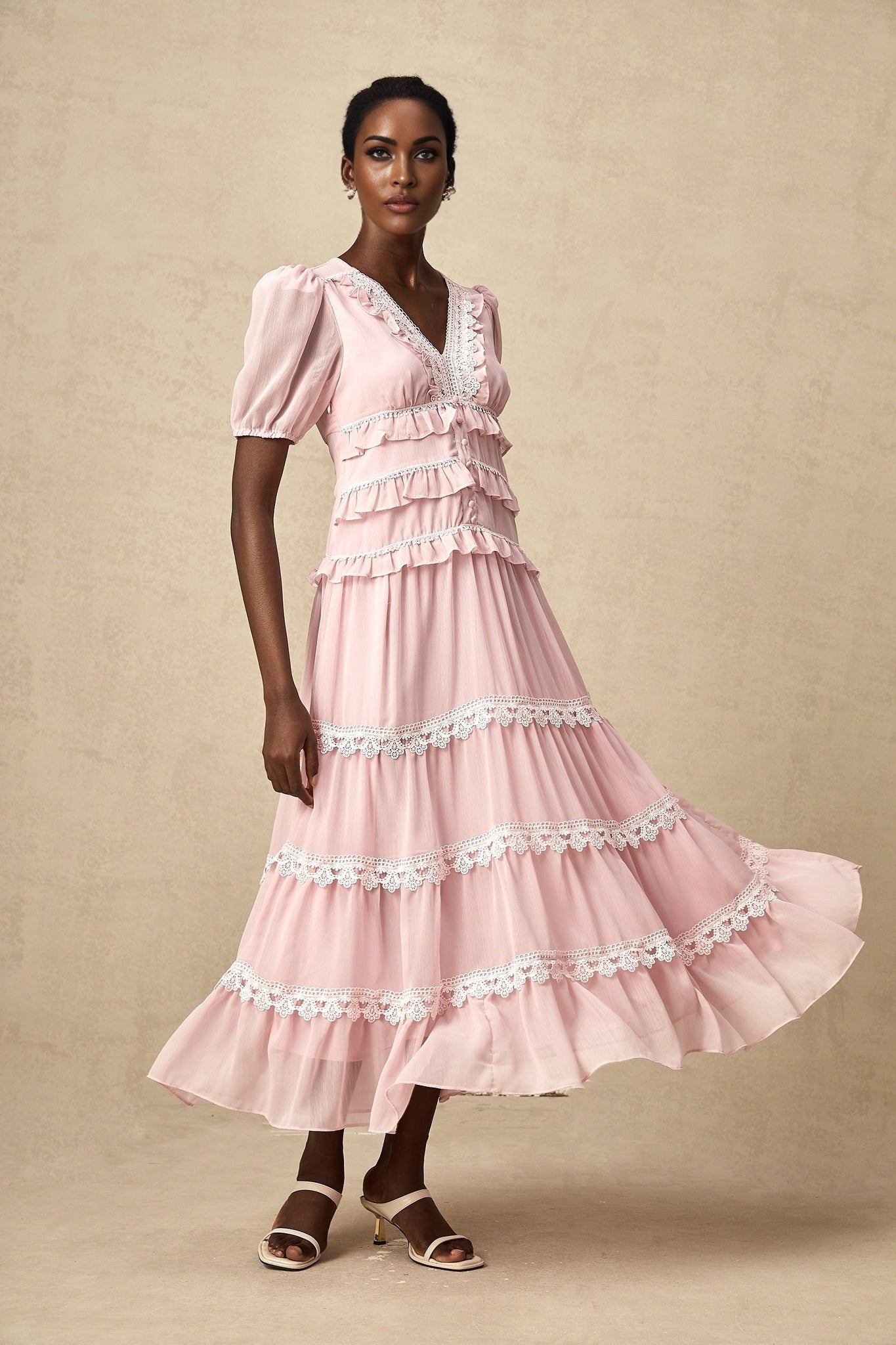 Teresa Midi Dress VNeck Puff Sleeves Ruffle Detail