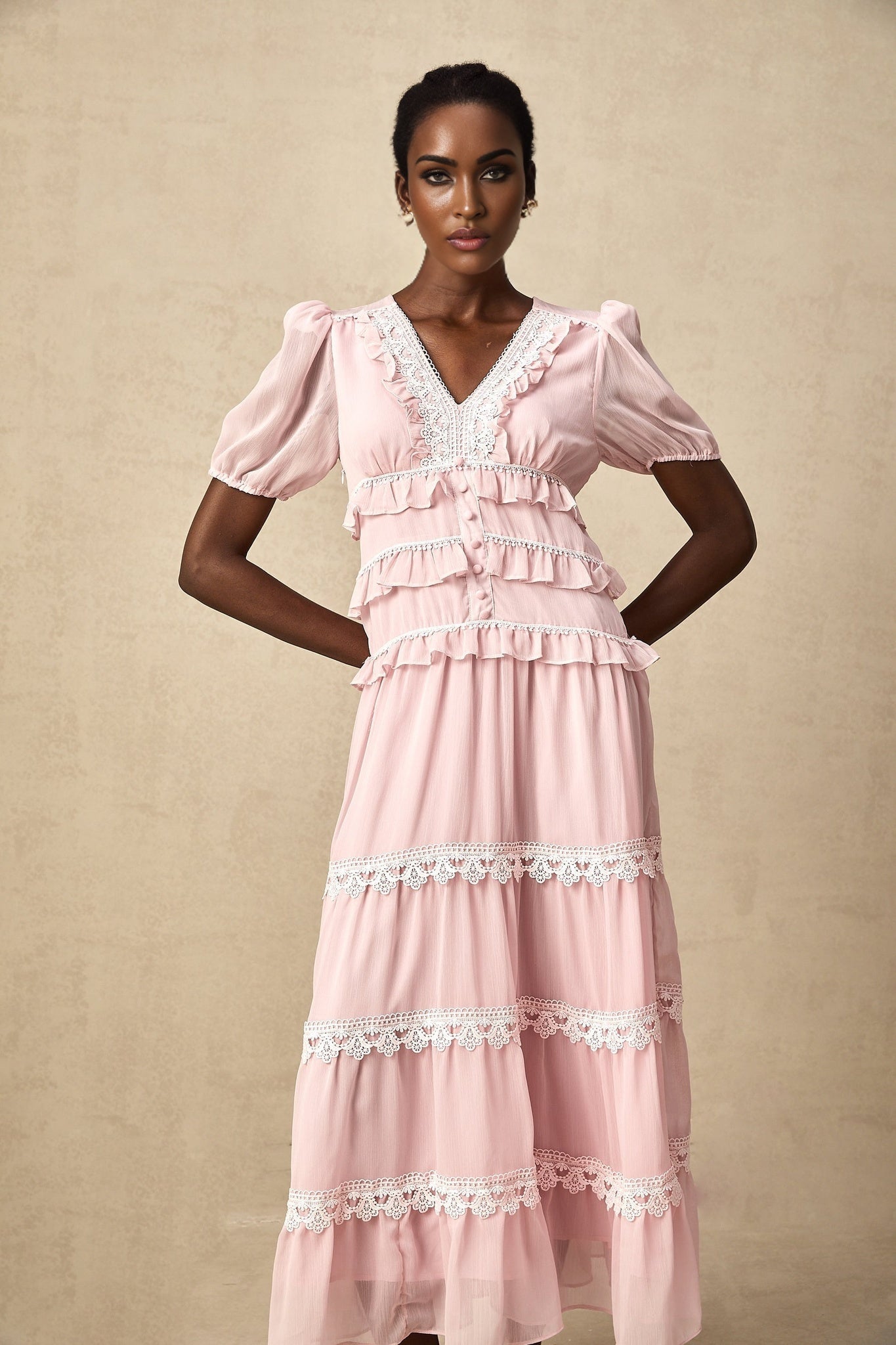 Teresa Midi Dress VNeck Puff Sleeves Ruffle Detail