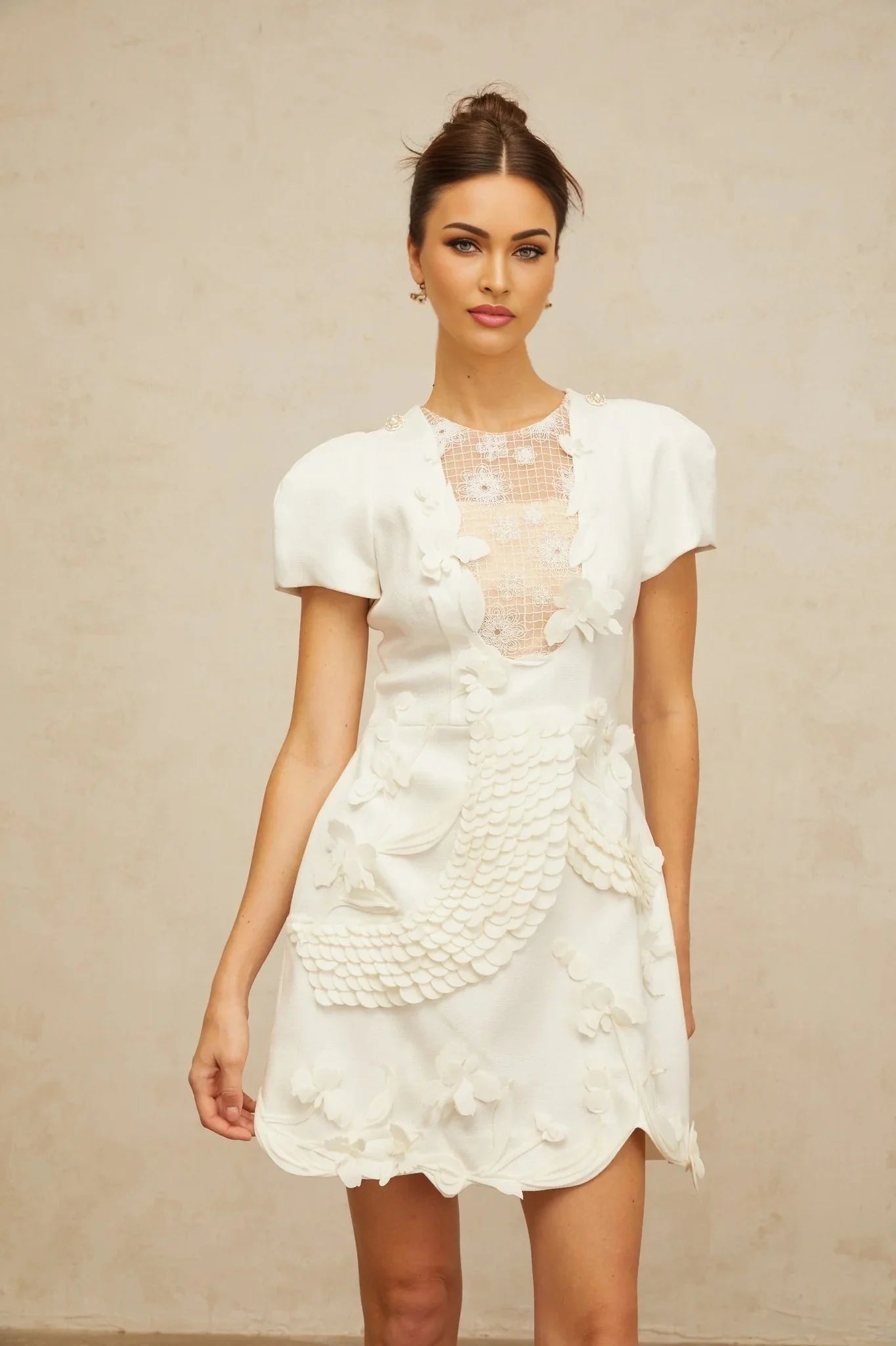 Teresa Mini Dress White Floral - Applique Puff