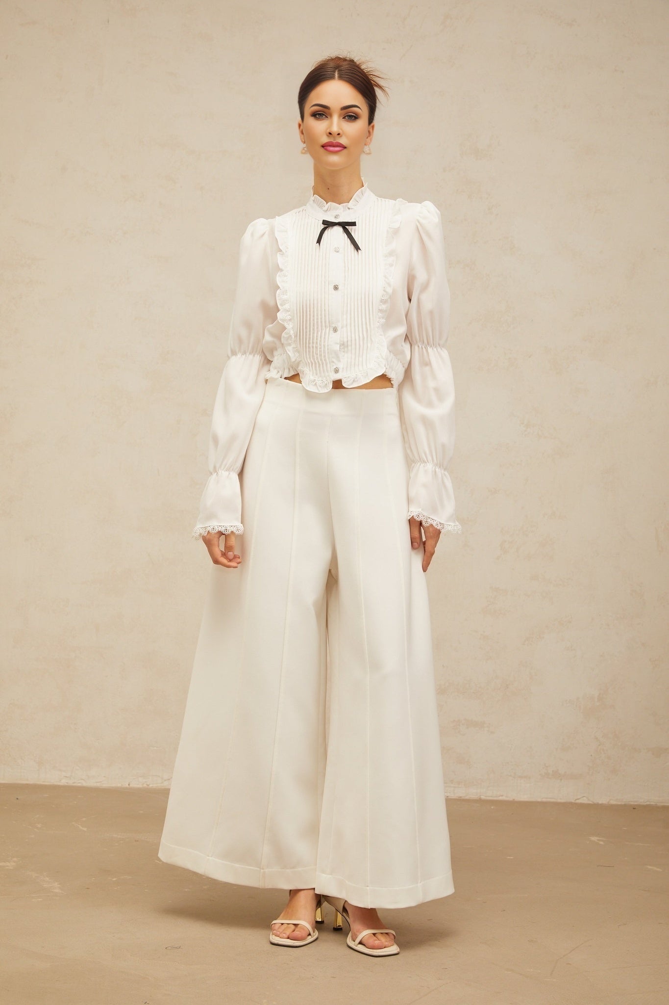 Teresa Shirt White Bowknot Ruffled & Shirred Panel