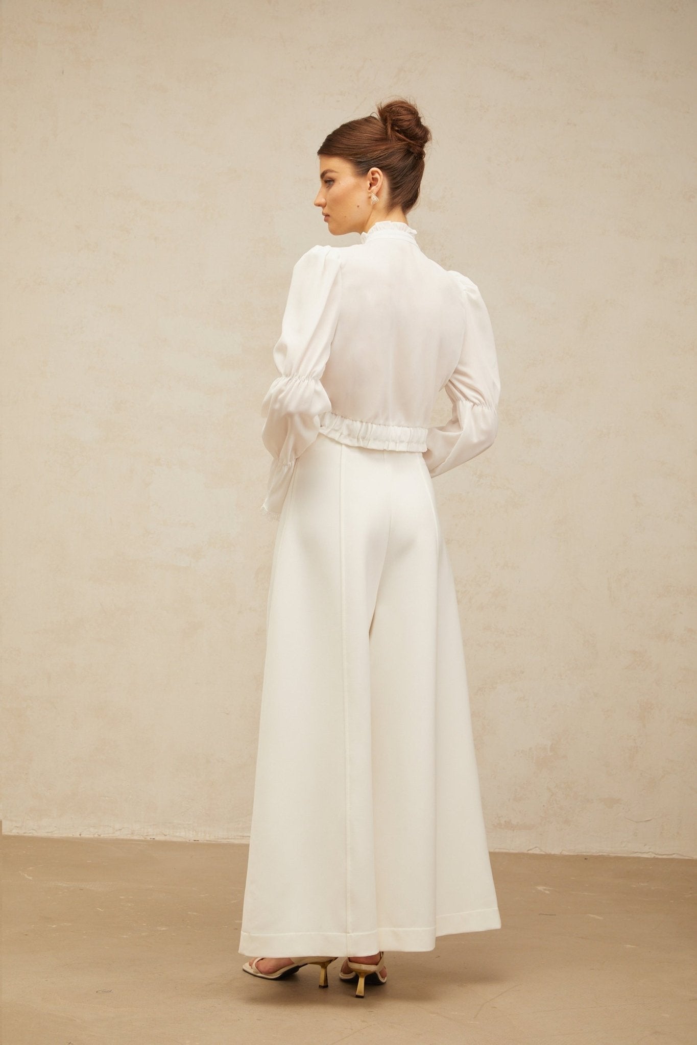 Teresa Shirt White Bowknot Ruffled & Shirred Panel