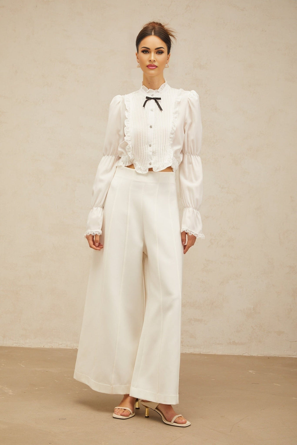 Teresa Shirt White Bowknot Ruffled & Shirred Panel