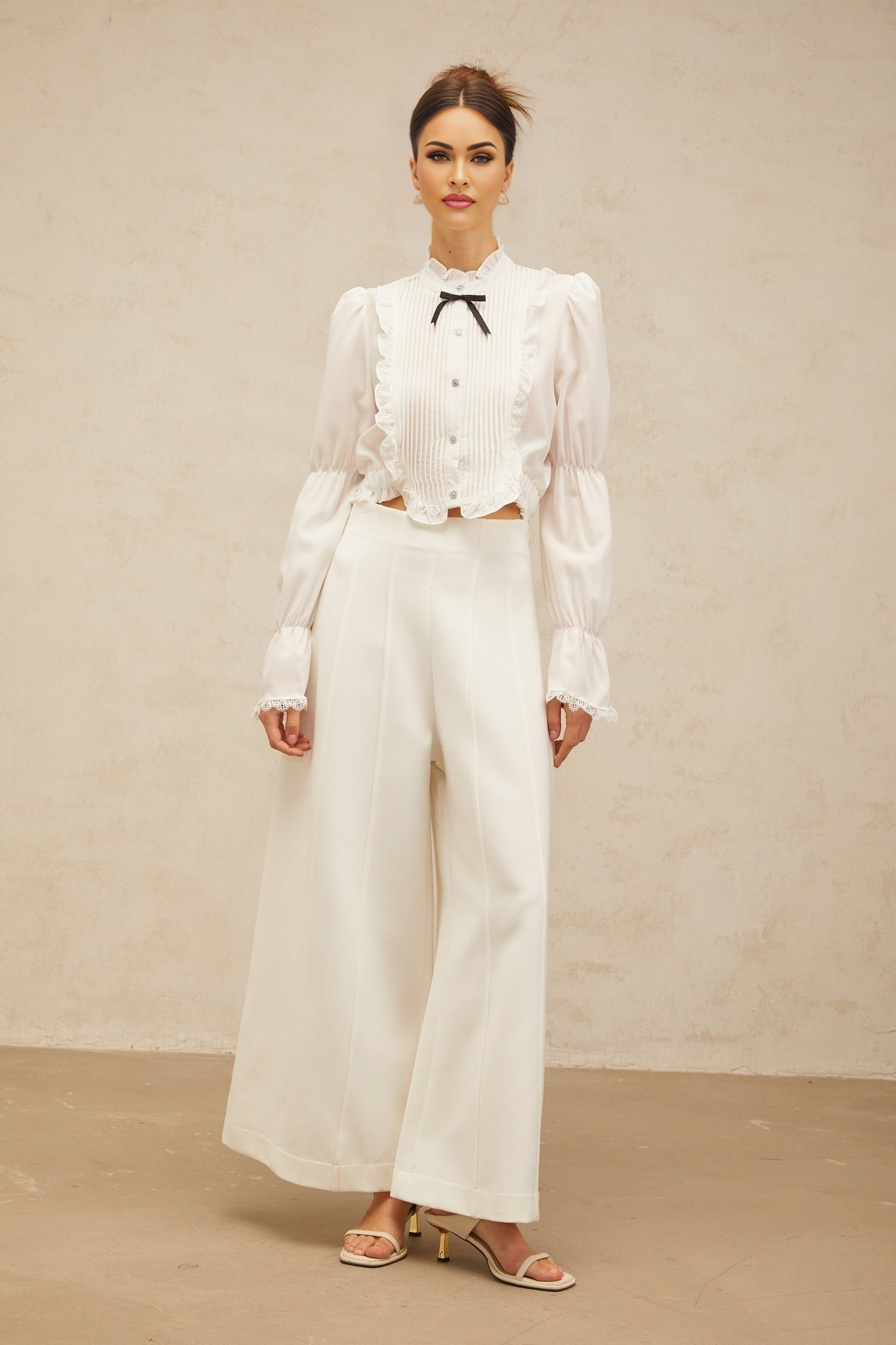 Teresa Shirt White Bowknot Ruffled & Shirred Panel