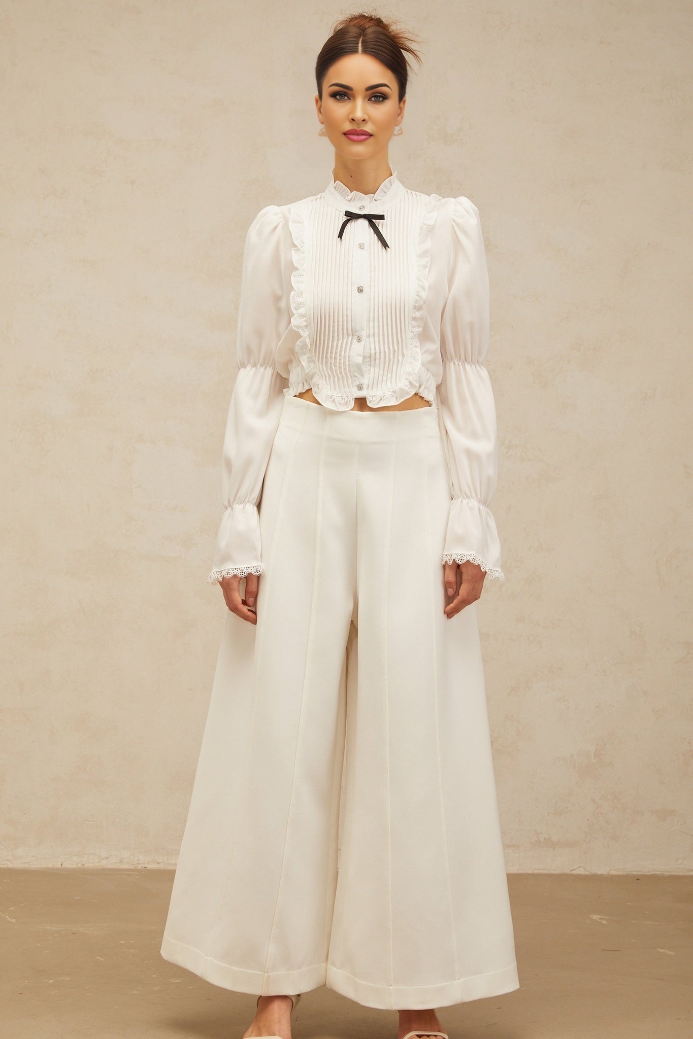 Teresa Shirt White Bowknot Ruffled & Shirred Panel