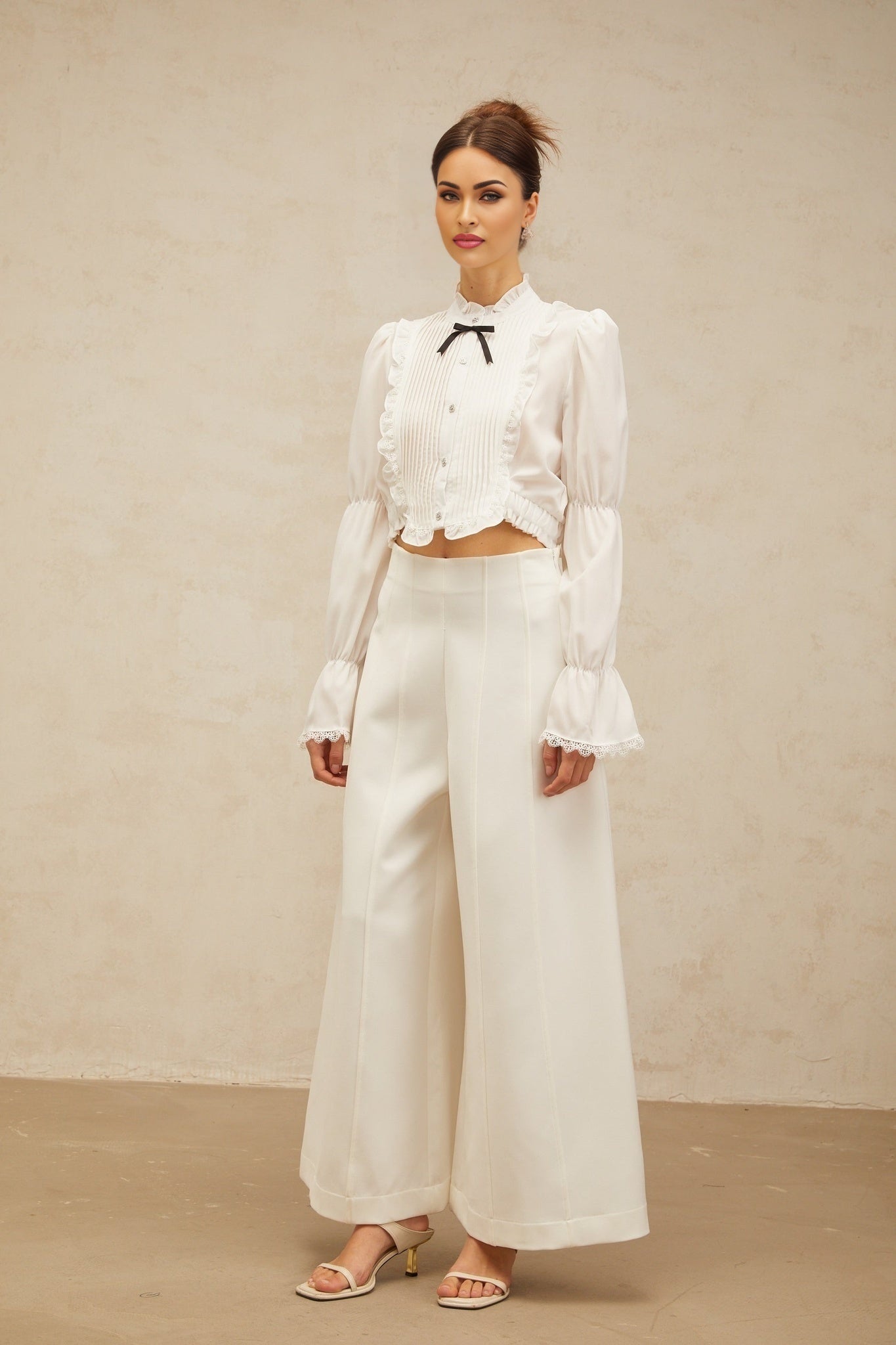Teresa Shirt White Bowknot Ruffled & Shirred Panel