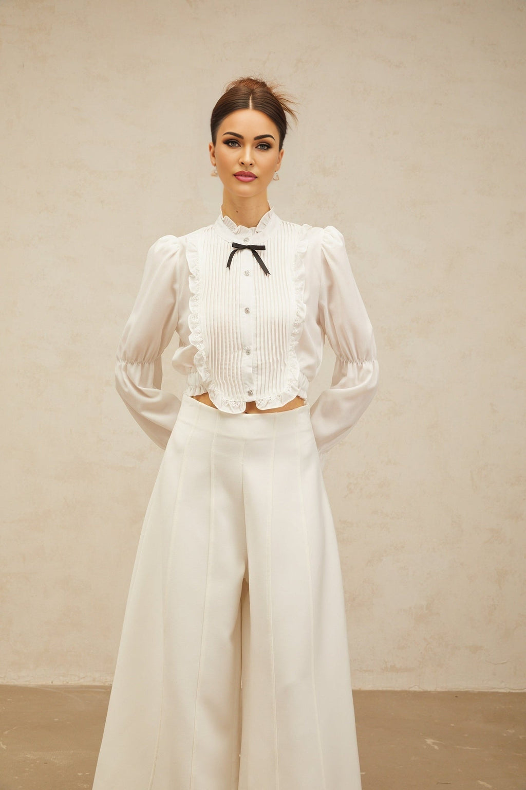 Teresa Shirt White Bowknot Ruffled & Shirred Panel