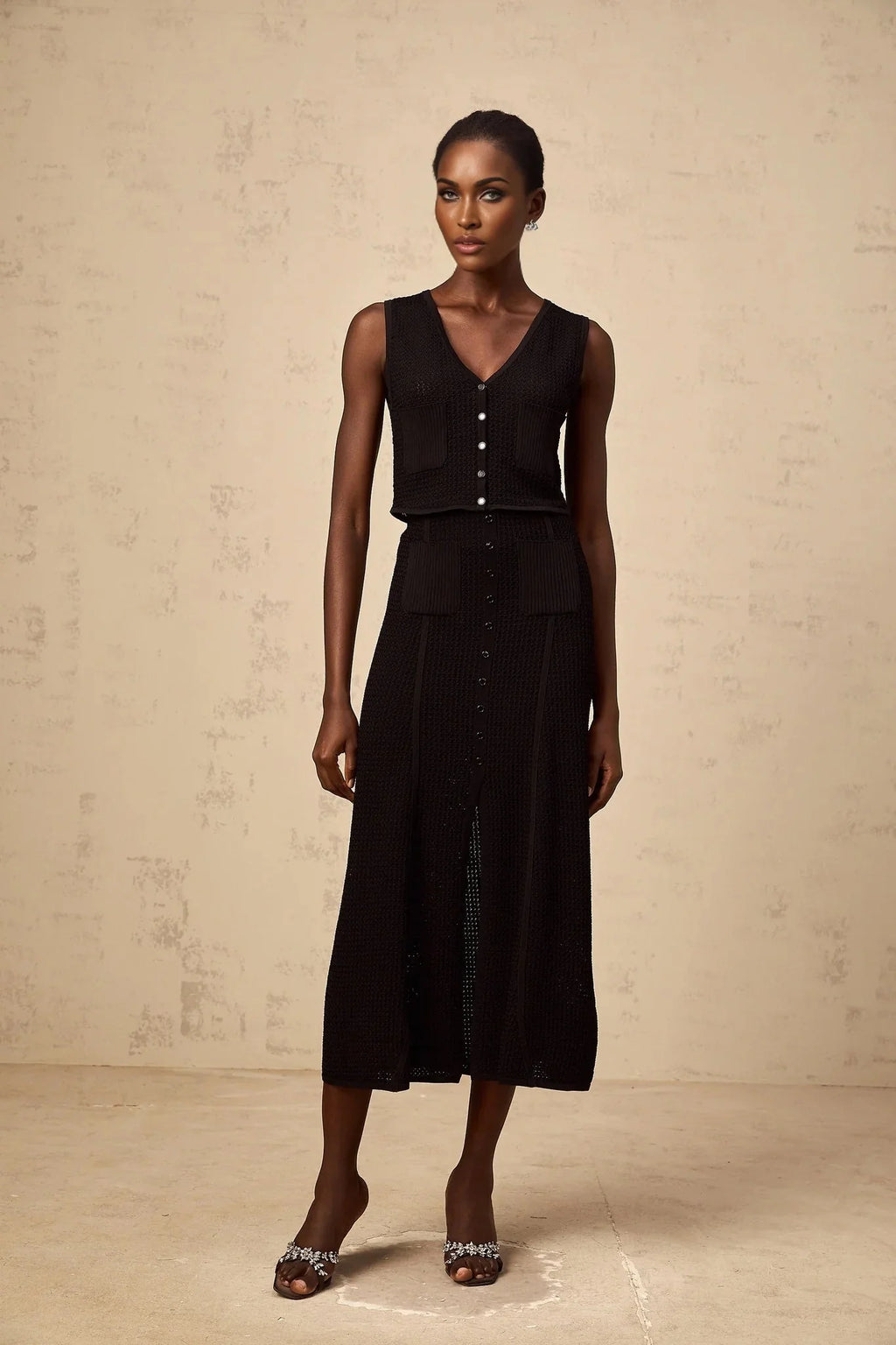 Teresa Top & Skirt Set Black Pointelle Knit