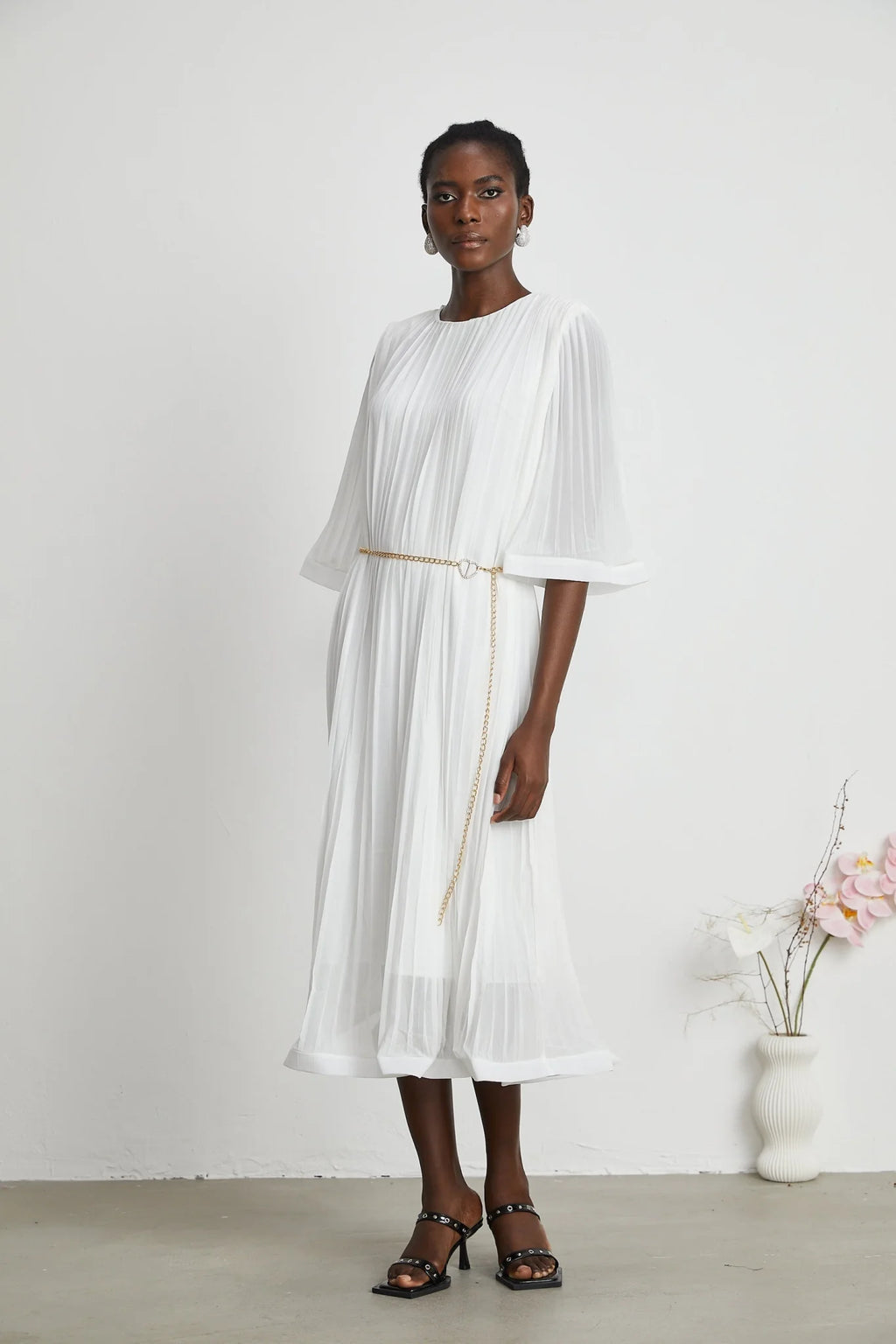 Teresina Midi Dress Flared Sleeves White Pleated ALine Hem & Belt