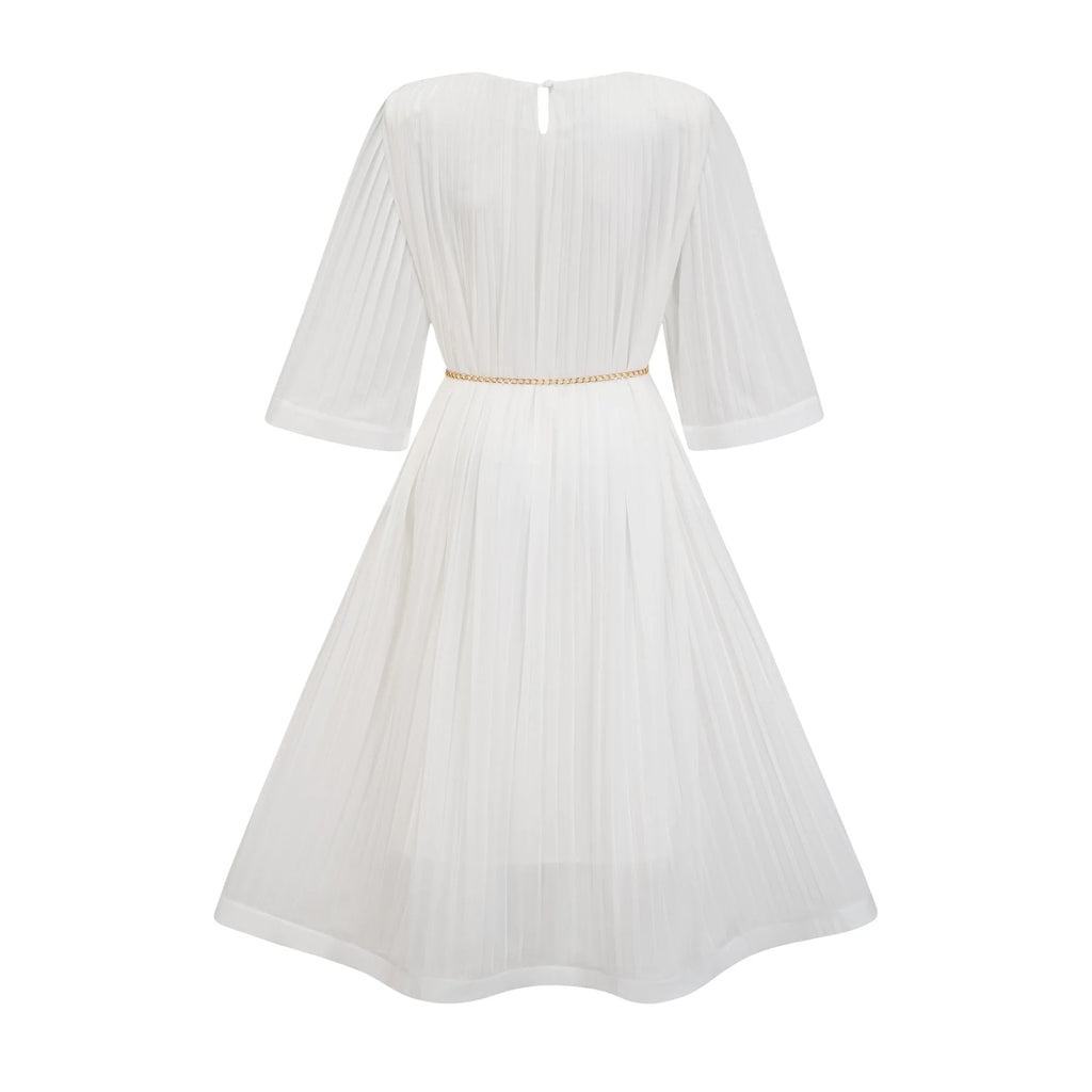 Teresina Midi Dress Flared Sleeves White Pleated ALine Hem & Belt