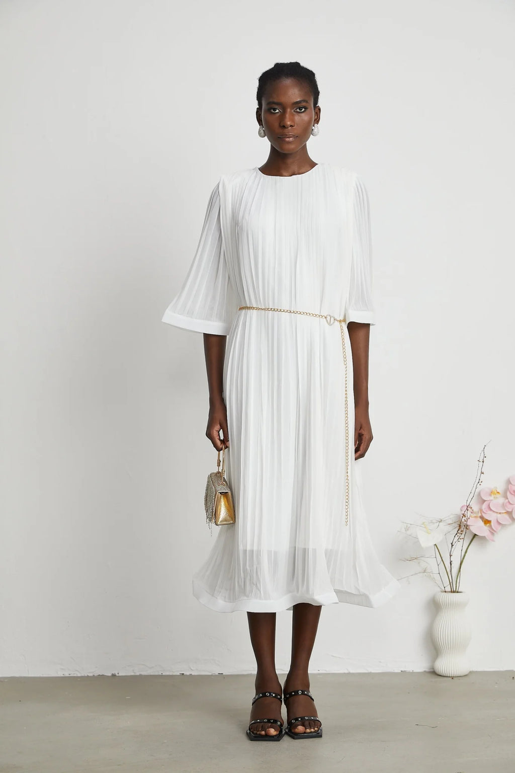 Teresina Midi Dress Flared Sleeves White Pleated ALine Hem & Belt
