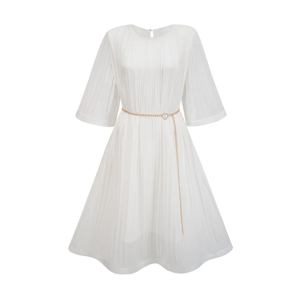 Teresina Midi Dress Flared Sleeves White Pleated ALine Hem & Belt