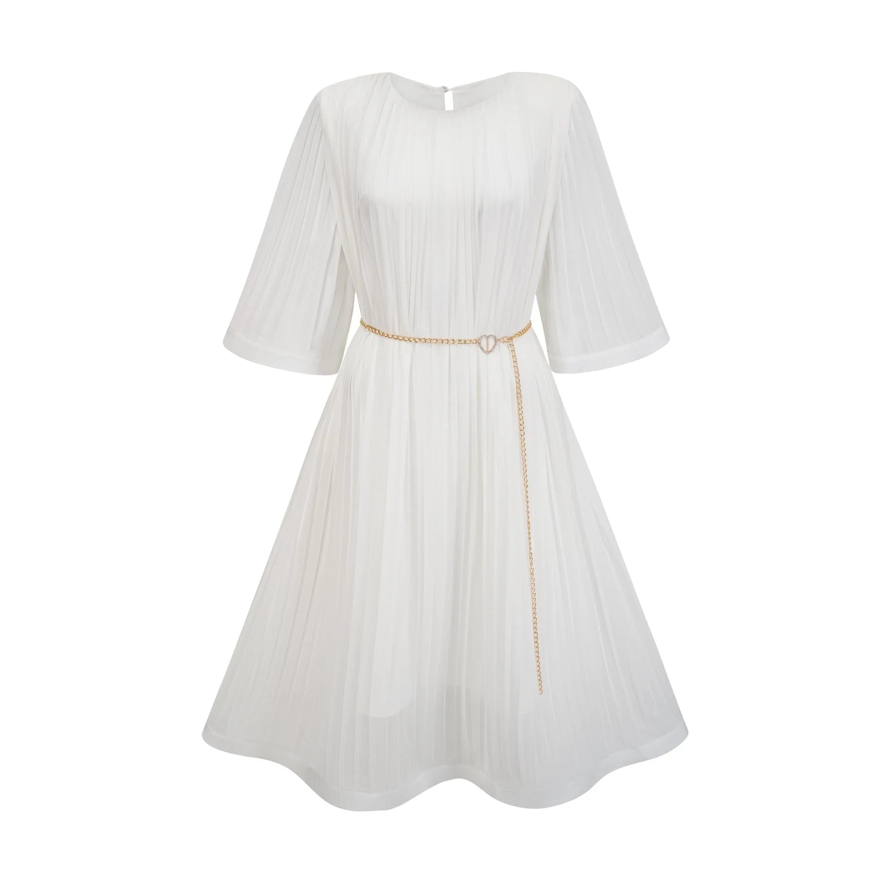 Teresina Midi Dress Flared Sleeves White Pleated ALine Hem & Belt