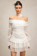 Teresina White Off-Shoulder Mini Dress with Long Sleeves and Ruched Waist for Garden Parties and Evening Events