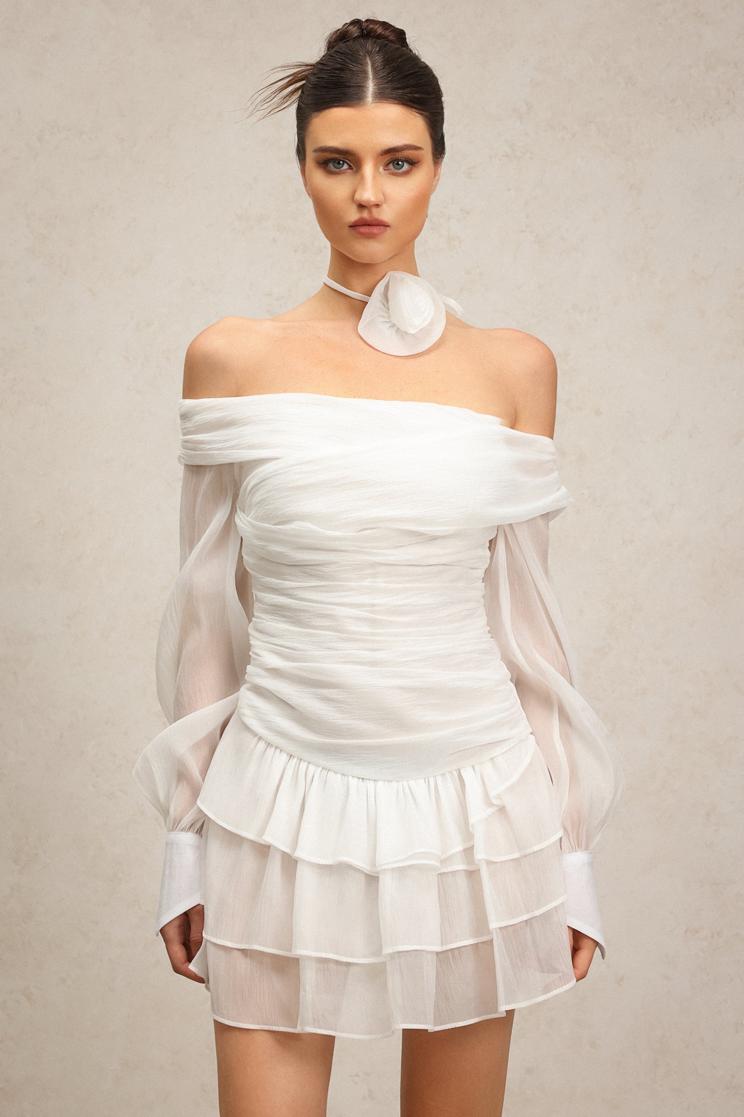 Teresina White Off-Shoulder Mini Dress with Long Sleeves and Ruched Waist for Garden Parties and Evening Events