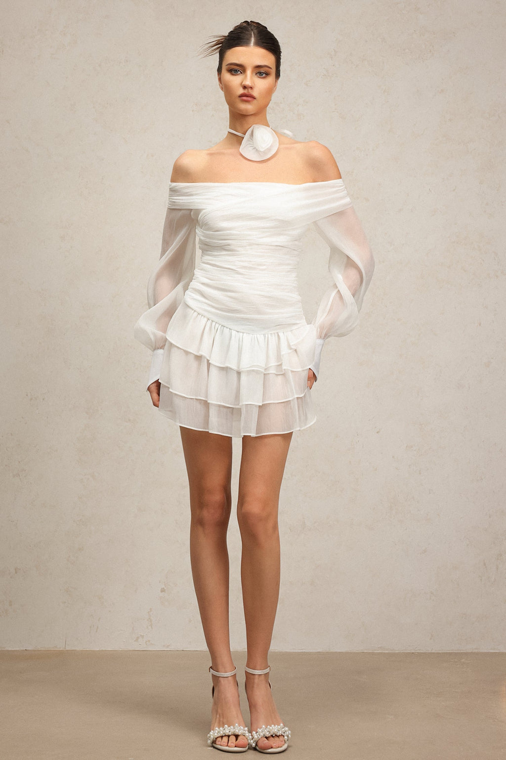 Teresina White Off-Shoulder Mini Dress with Flowy Sleeves and Ruched Waist