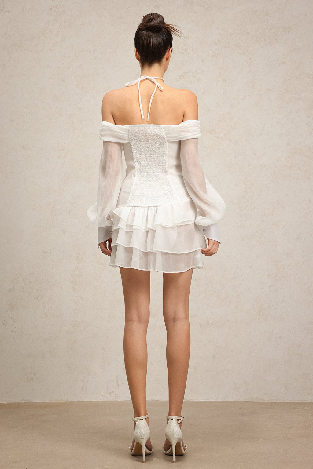 Teresina White Off-Shoulder Mini Dress with Flowy Sleeves and Ruched Waist for Garden Parties and Evening Events