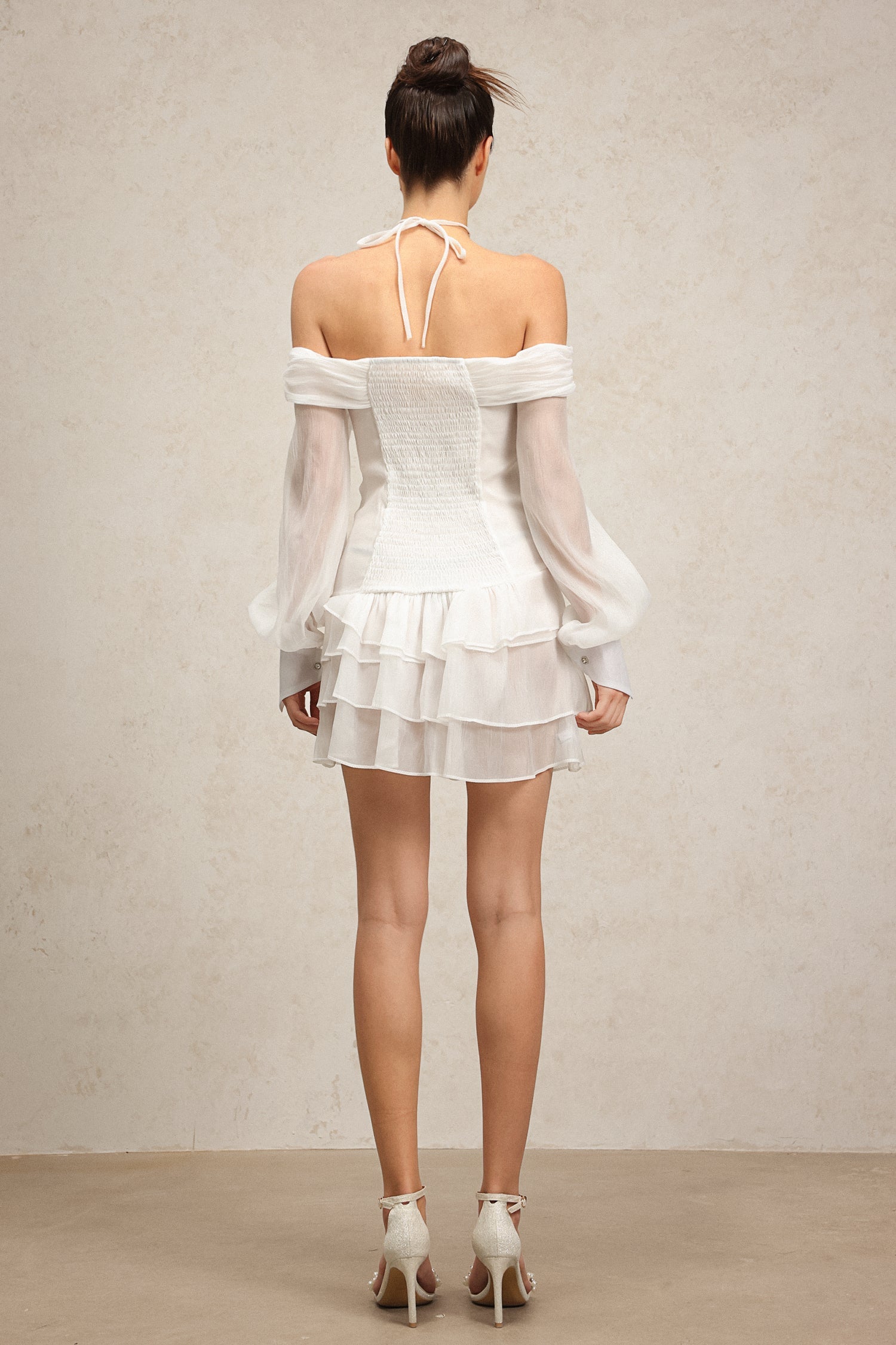 Teresina White Off-Shoulder Mini Dress with Flowy Sleeves and Ruched Waist for Garden Parties and Evening Events