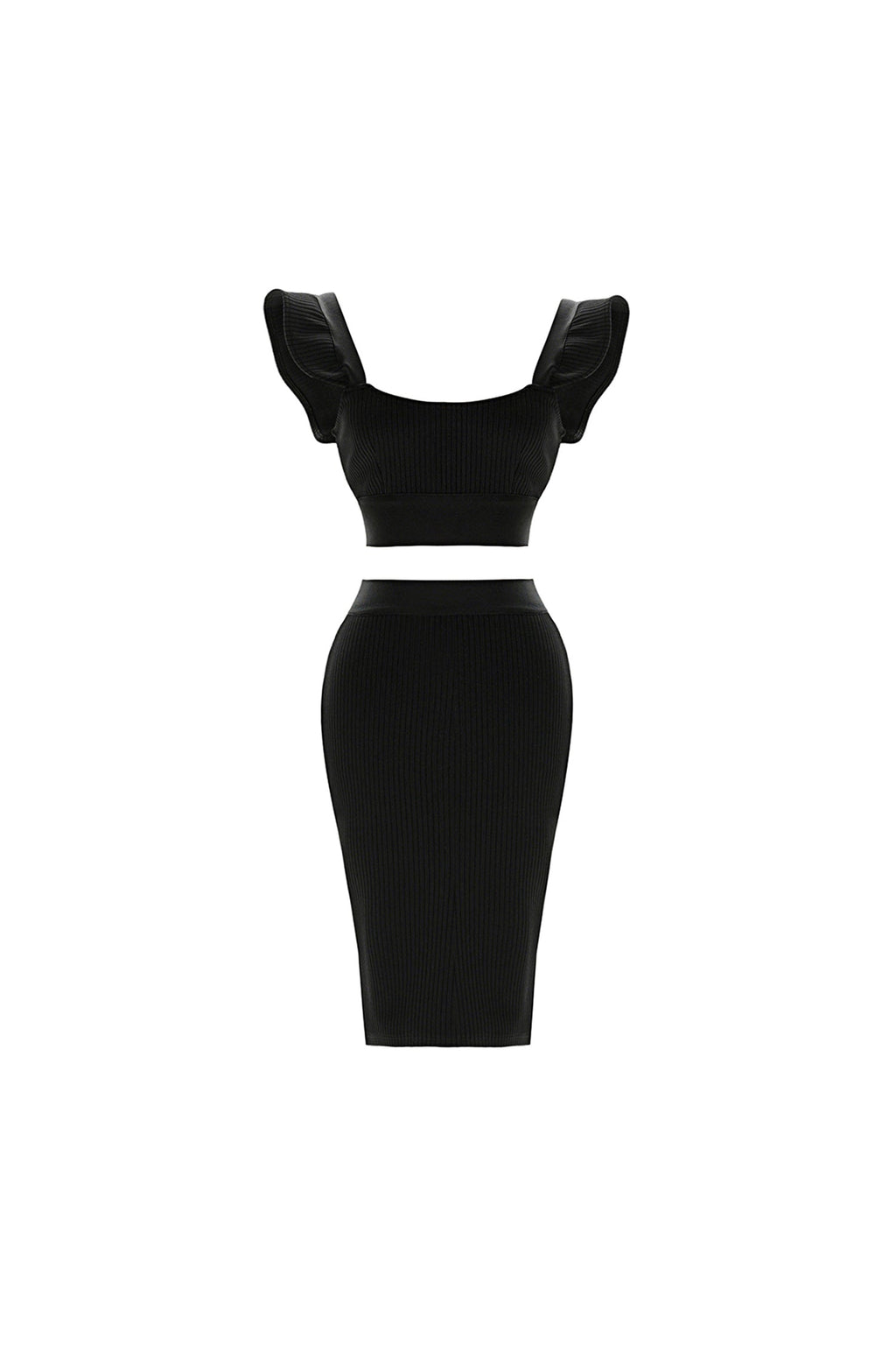 Tersilla Black Ribbed Texture Ruffle Sleeve Crop Top Dress